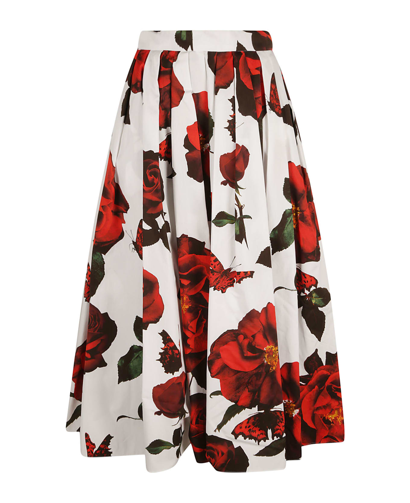 Alexander McQueen Rose Print Pleated Midi Skirt - Optical White
