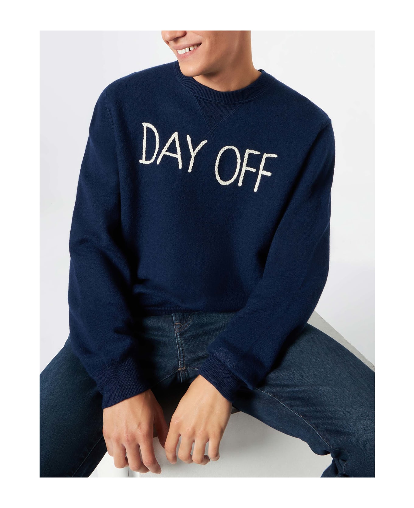 MC2 Saint Barth Man Crewneck Knitted Sweater With Day Off Embroidery - BLUE