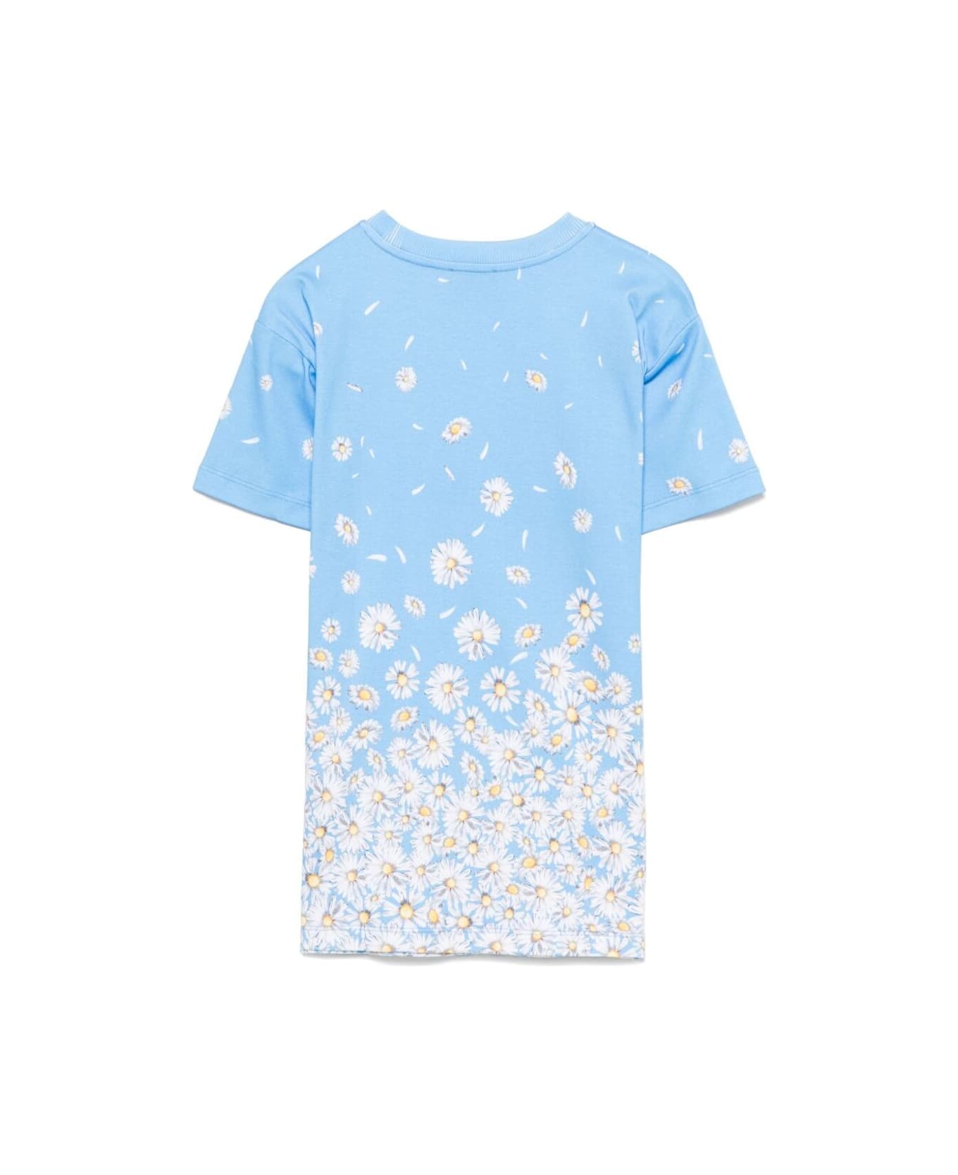 Moschino Light Blue Crewneck Dress With Logo Lettering On The Sleeve And All-over Floral Motif In Cotton Girl - Light blue