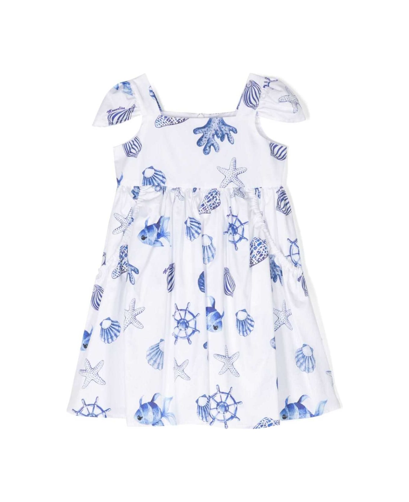 Monnalisa White And Blue Dress With Straps And Marine Print In Cotton Girl - Multicolor