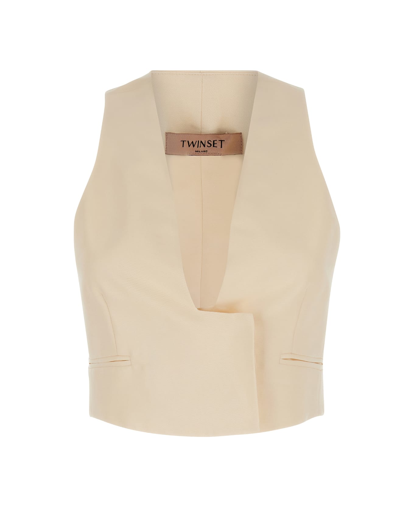 TwinSet Beige Crop Vest With Concealed Closure In Linen Blend Woman - White
