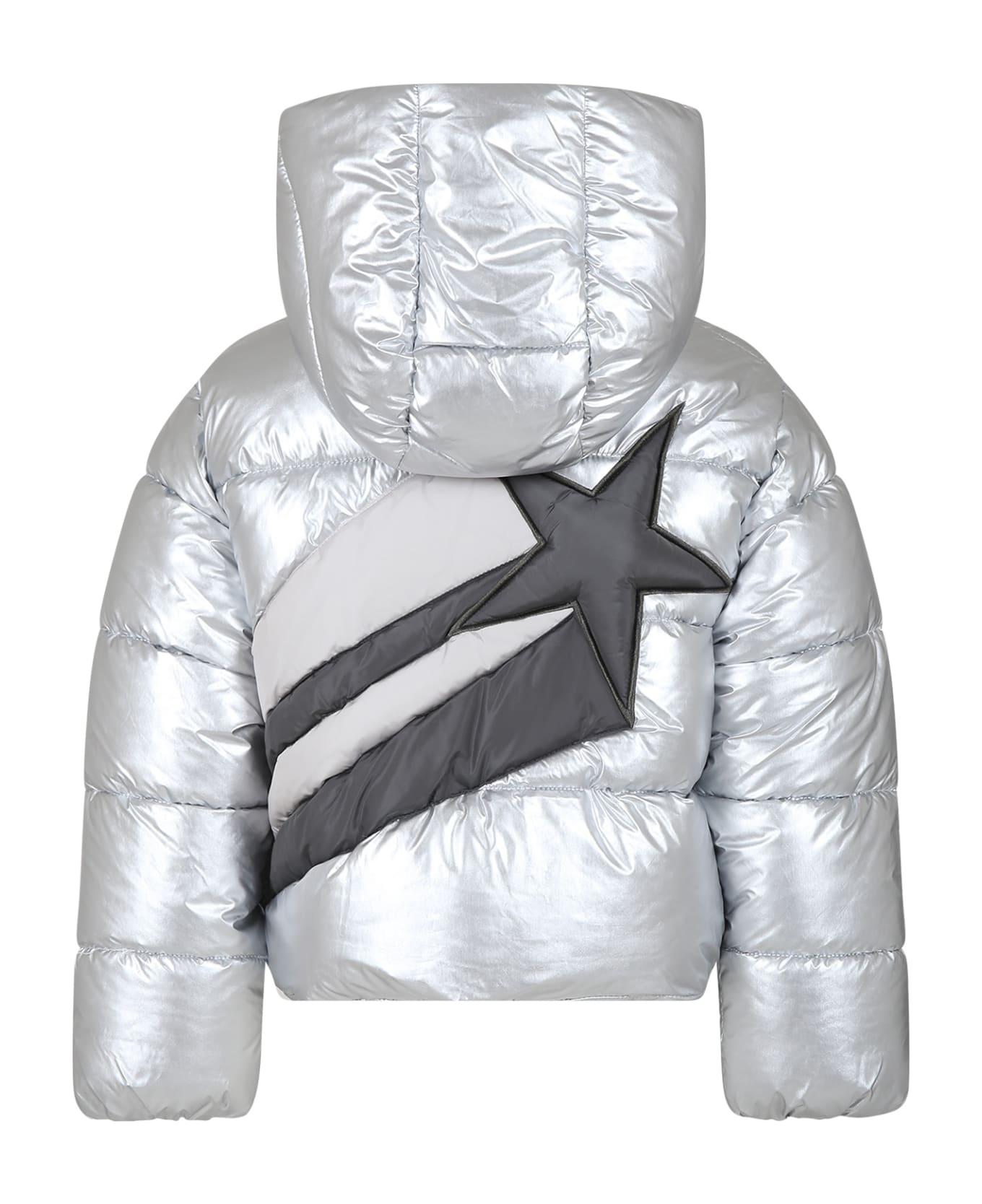MSGM Silver Down Jacket For Girl With Logo And Star - Silver