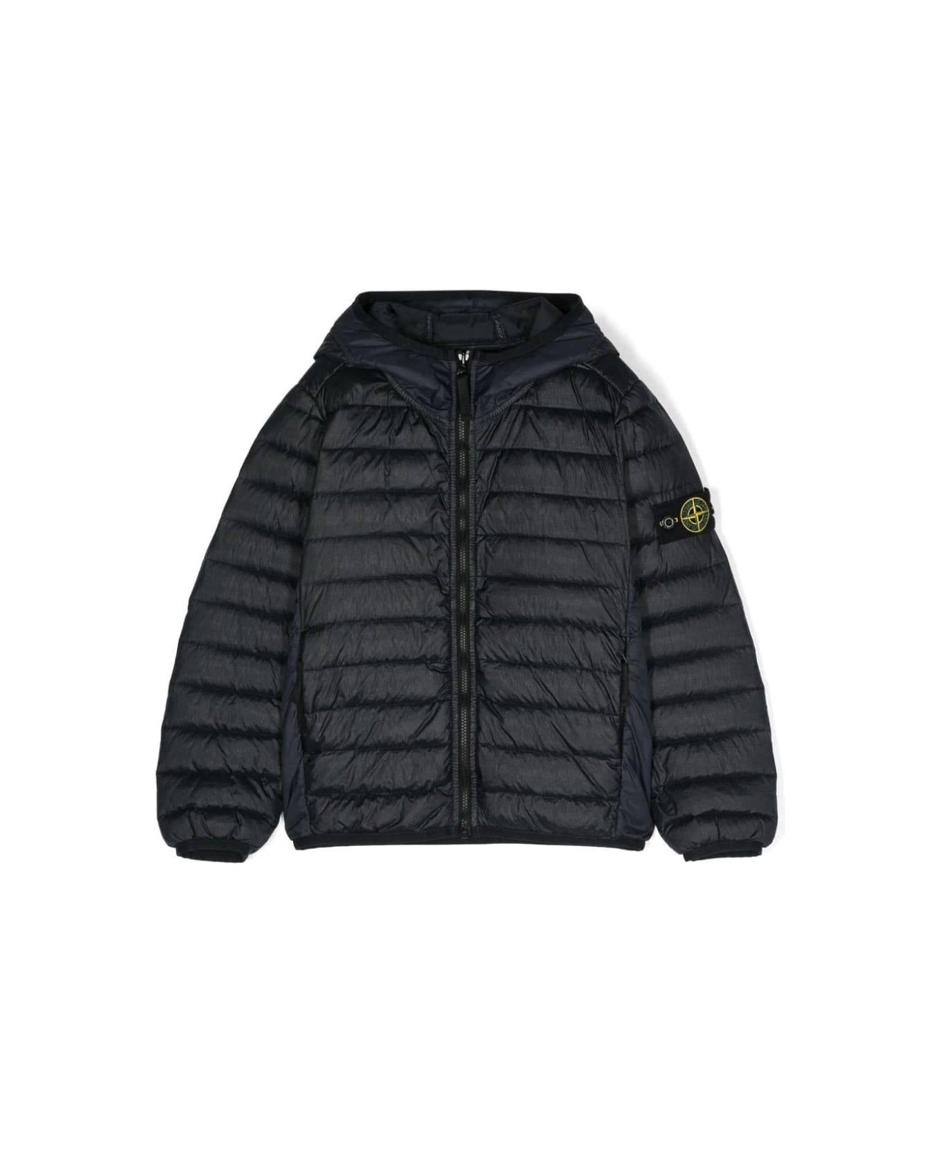 Stone Island Junior Navy Blue Hooded Down Jacket With Logo - Blue