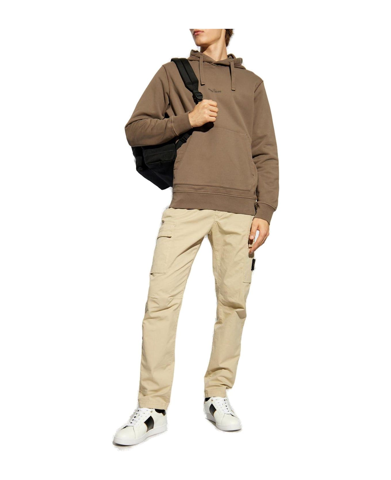Stone Island Logo Printed Drawstring Hoodie - WALNUT