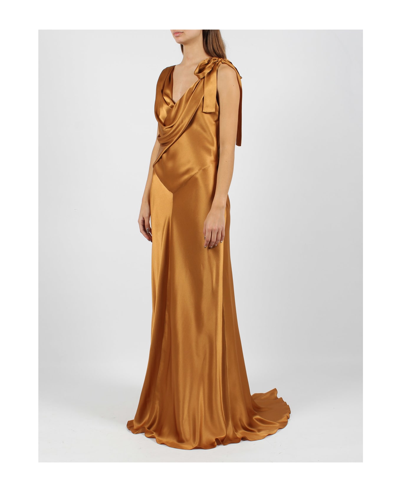 Alberta Ferretti Draped Neckline Long Satin Dress - Brown ワンピース＆ドレス