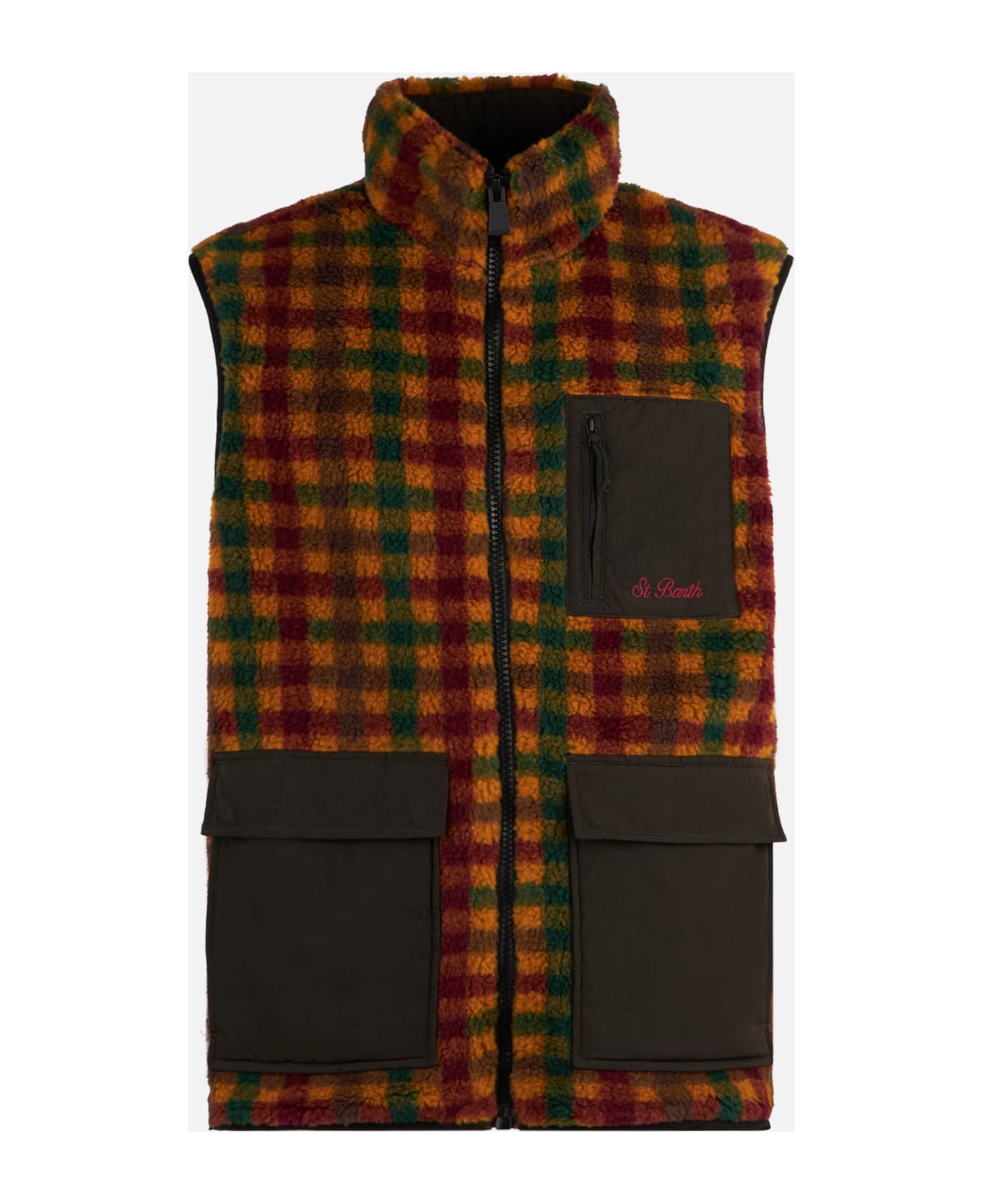 MC2 Saint Barth Man Check Sherpa Vest Jacket With Patch Pockets - BROWN