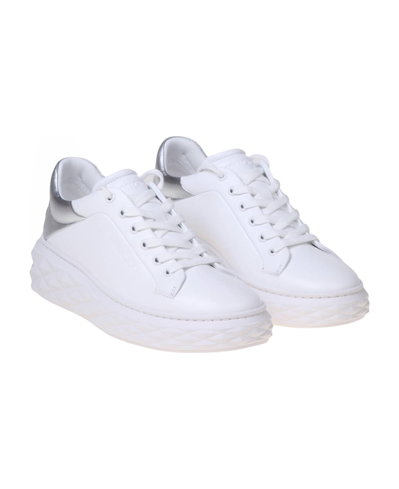 Jimmy Choo Diamond Maxi Sneakers In White And Silver Leather - White スニーカー
