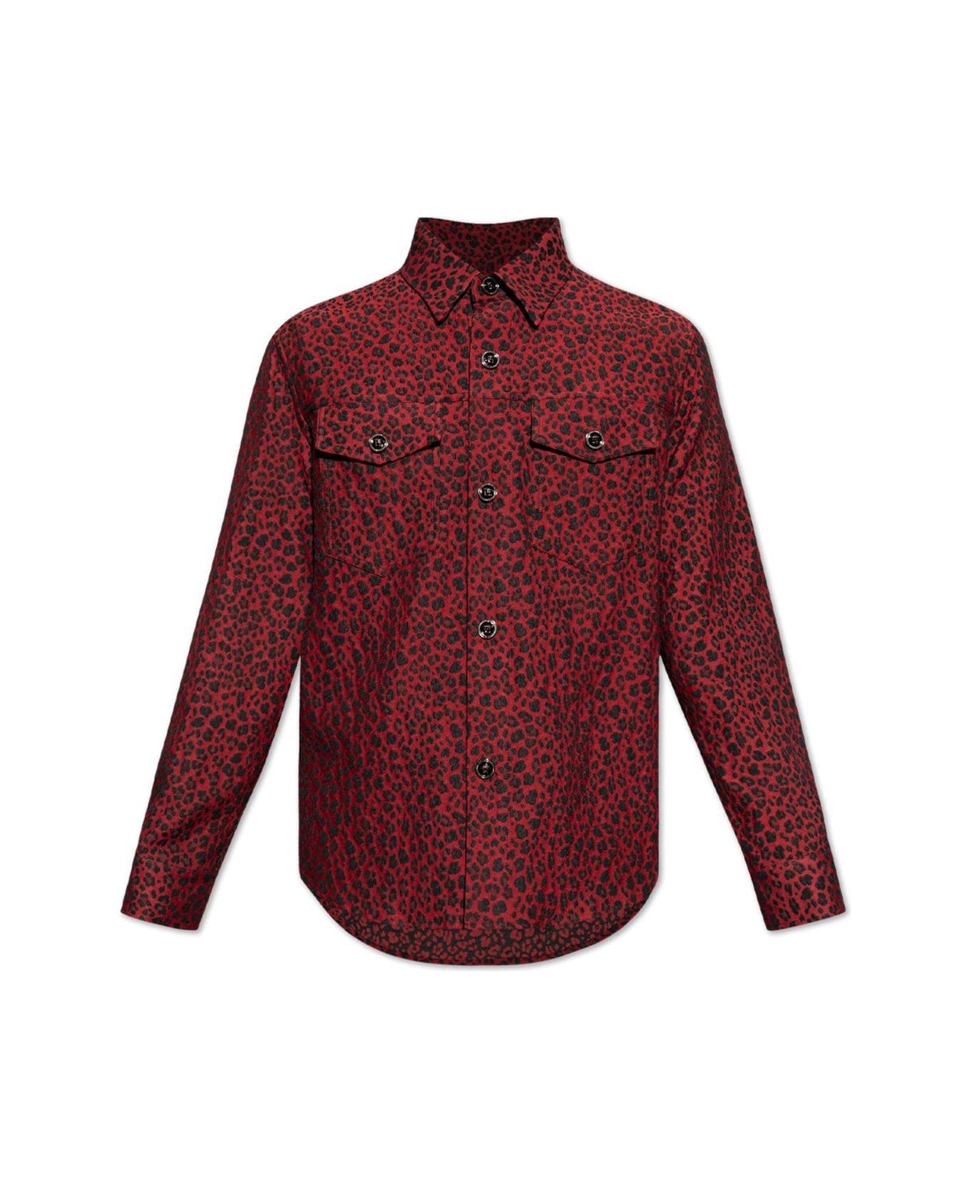 Versace Leopard-embroidered Button-up Shirt - LIPSTICK RED-BLACK