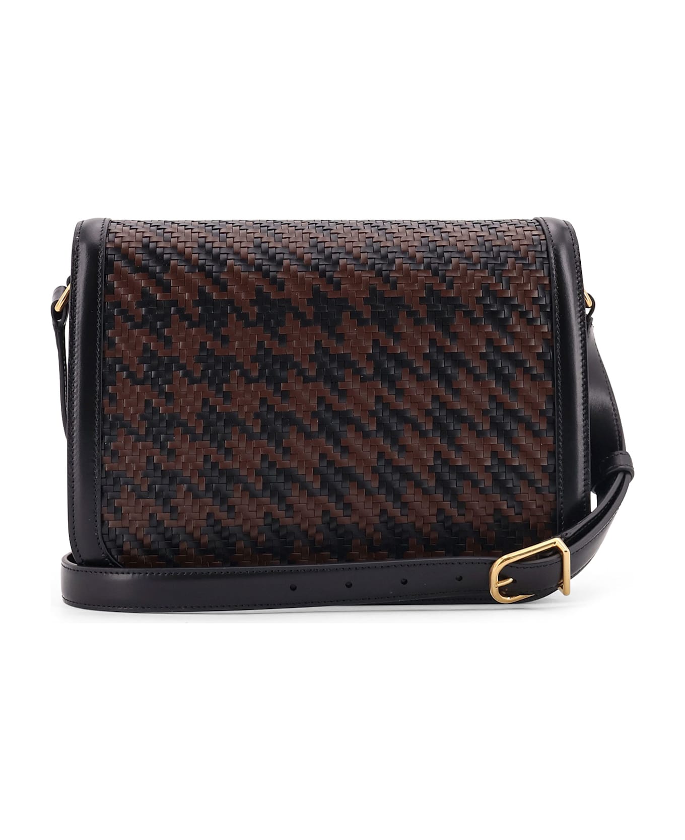 Valentino Garavani 9to5 Woven Leather Shoulder Bag - NERO/BARK BROWN/NERO