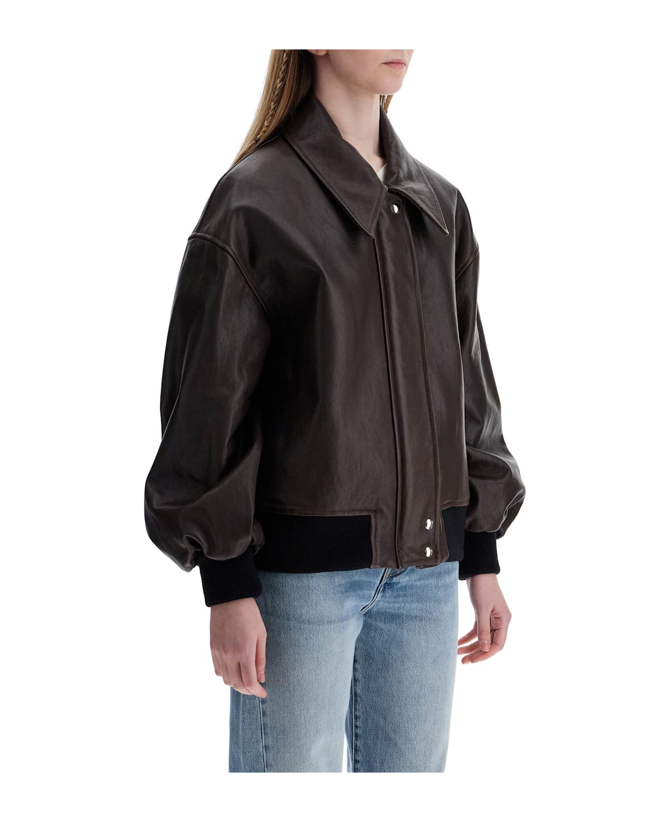 Khaite Dark Brown Leather Jacket With Puff Sleeves - DARK BROWN (Brown)