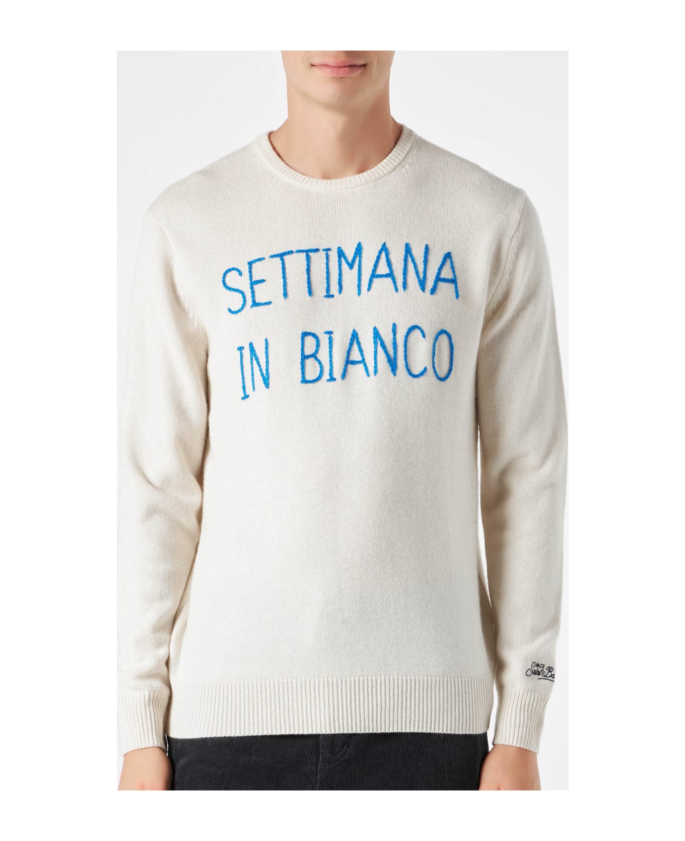 MC2 Saint Barth Man White Sweater With Settimana In Bianco Embroidery - WHITE