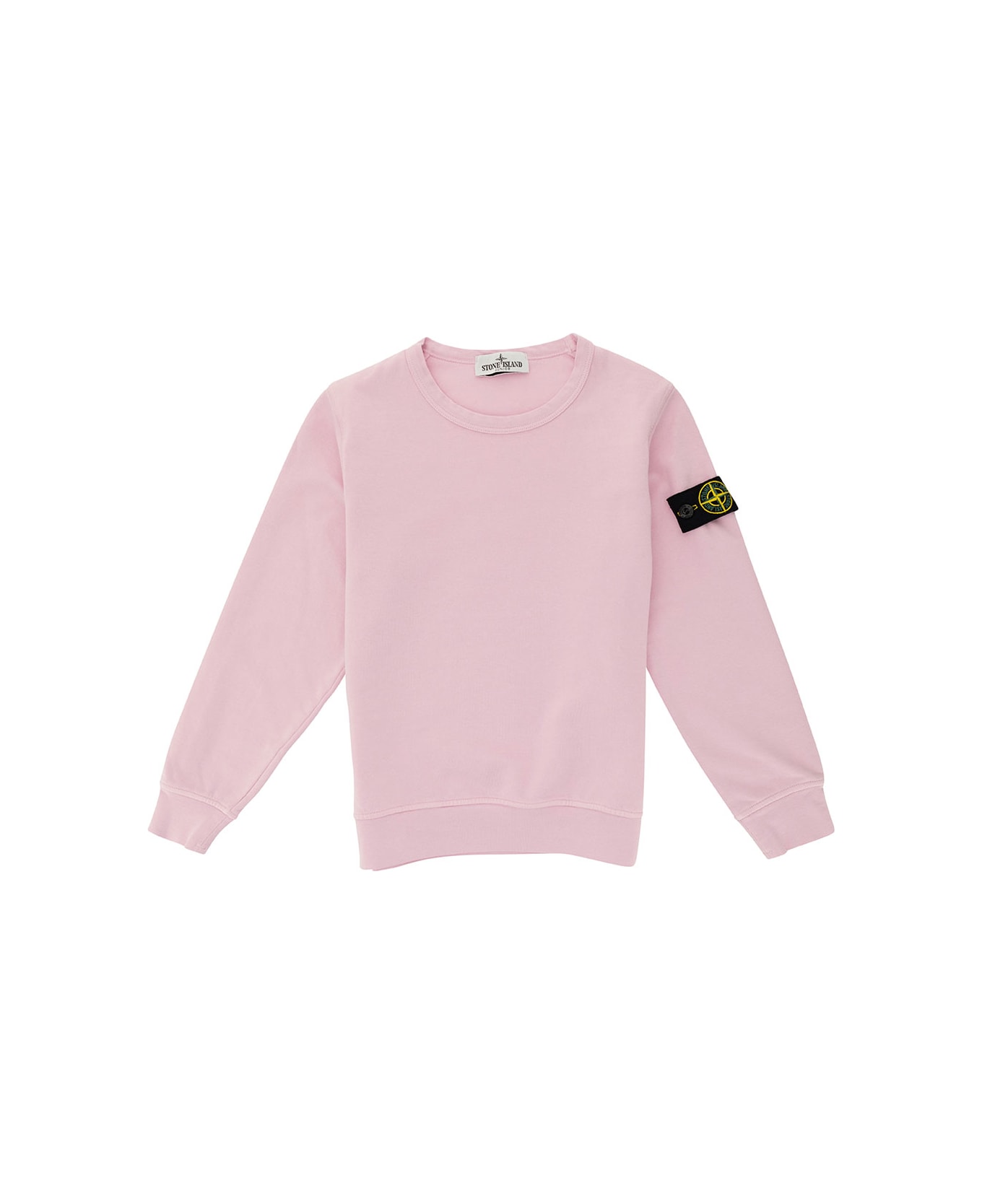 Stone Island Junior Pink Crewneck Sweatshirt With Logo Patch In Cotton Boy - Pink
