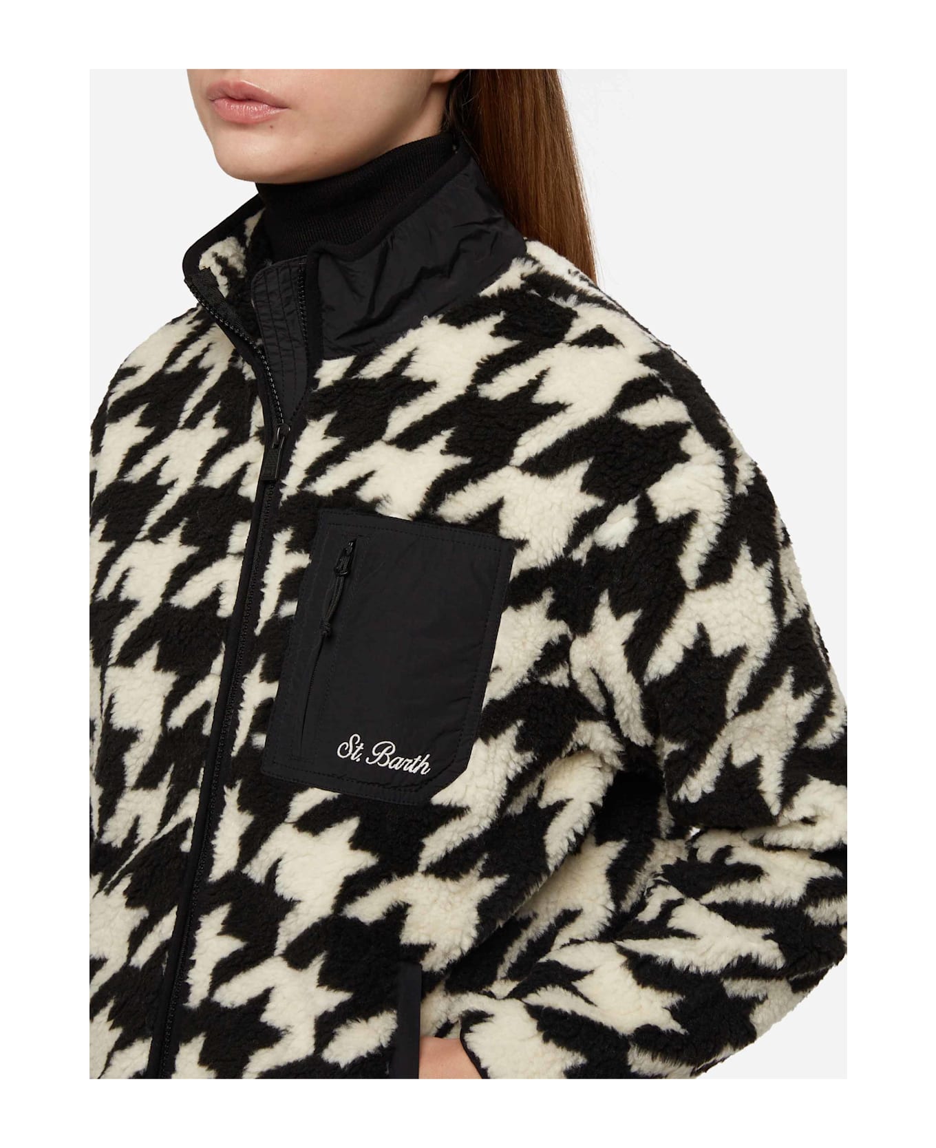 MC2 Saint Barth Teddy-fleece Jacket Keystone With Pied De Poule Print - BLACK