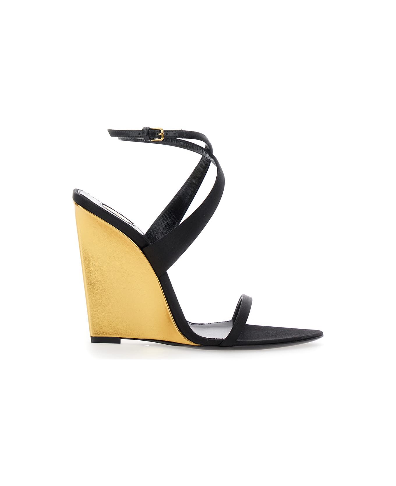 Saint Laurent Black Wedges With Criss-crossed Ankle Strap In Viscose And Silk Blend Woman - BLACK