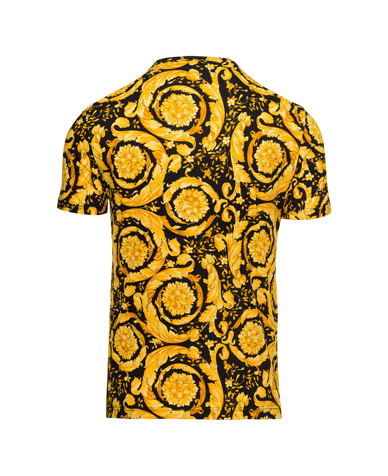 Versace Black And Yellow Crewneck T-shirt With All-over Barocco Print In Stretch Cotton Man - Yellow