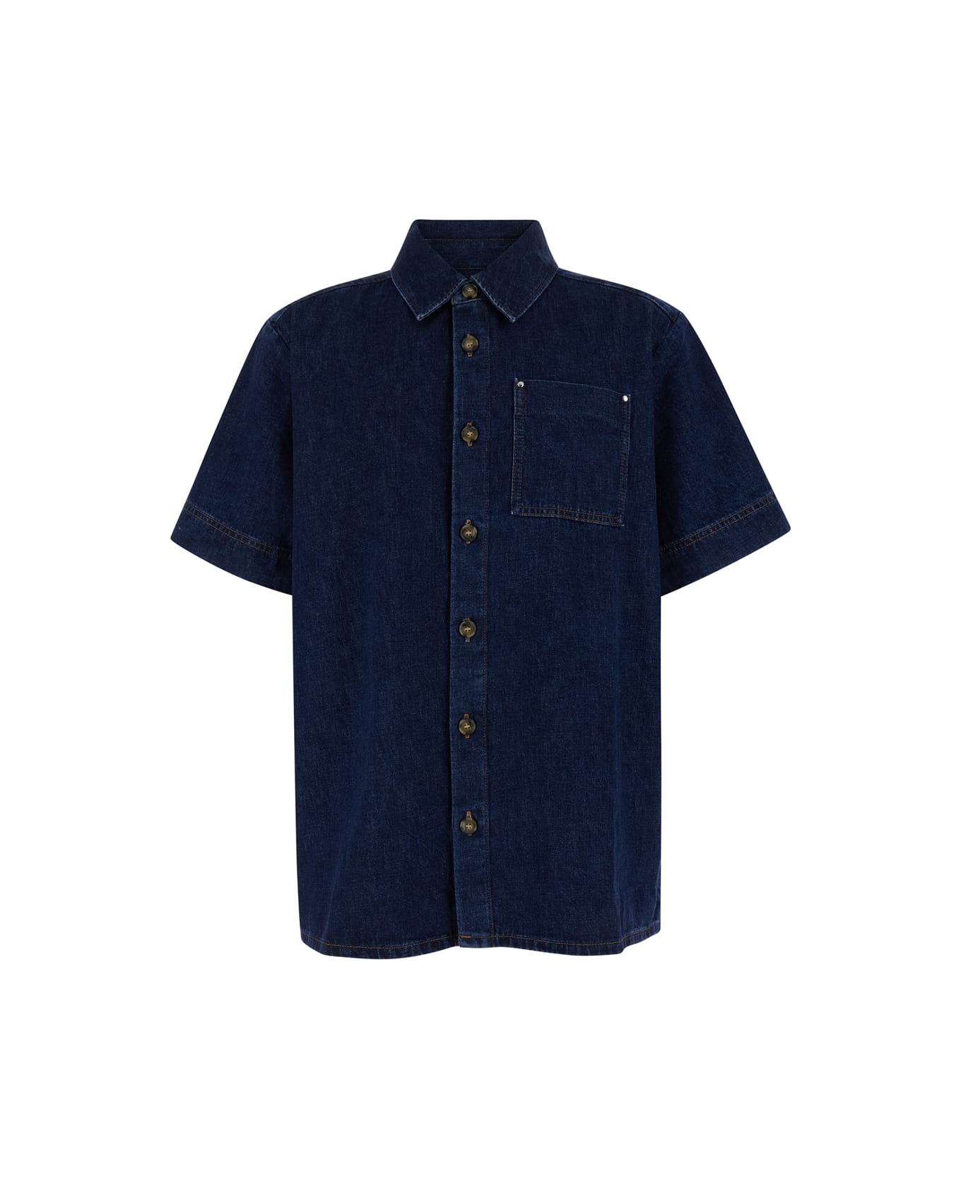A.P.C. Blue Short Sleeve Shirt With Patch Pocket In Cotton Denim Man - Blu