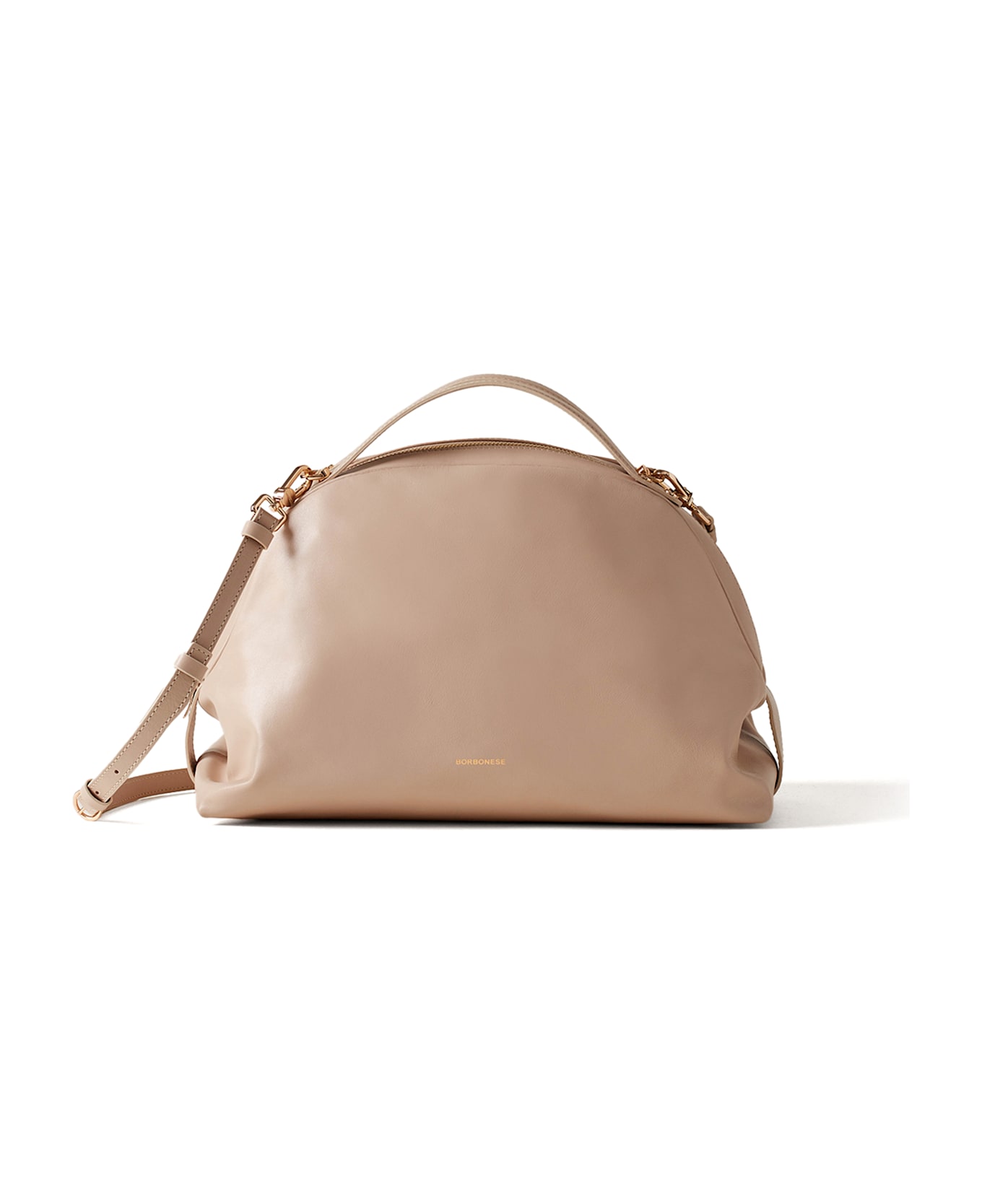 Borbonese Medium Beige Leather Bauletto Bag With Shoulder Strap - PORRIDGE