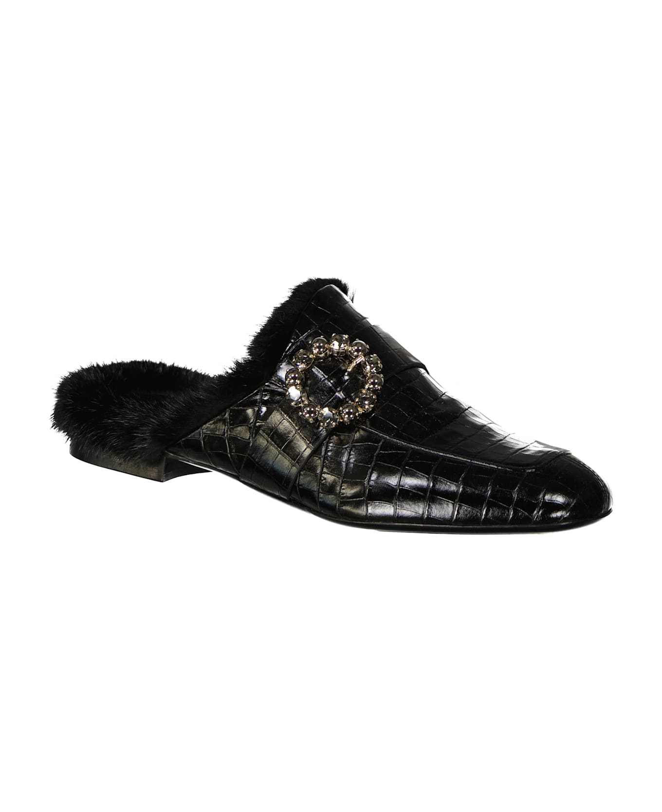 Eleventy Leather Fur Mules - Black