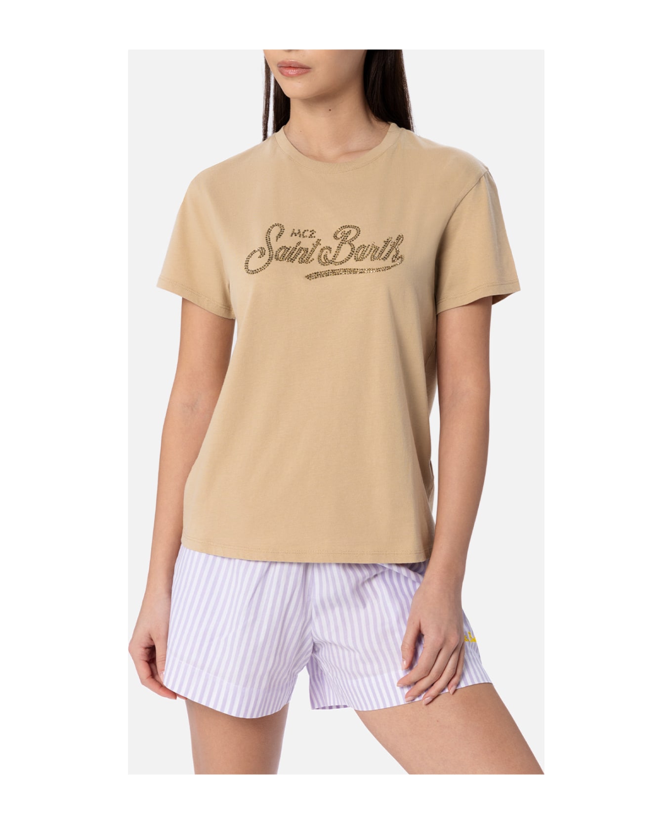 MC2 Saint Barth Woman Cotton Jersey Crewneck T-shirt Emilie With Saint Barth Rhinestones Embroidery - WHITE
