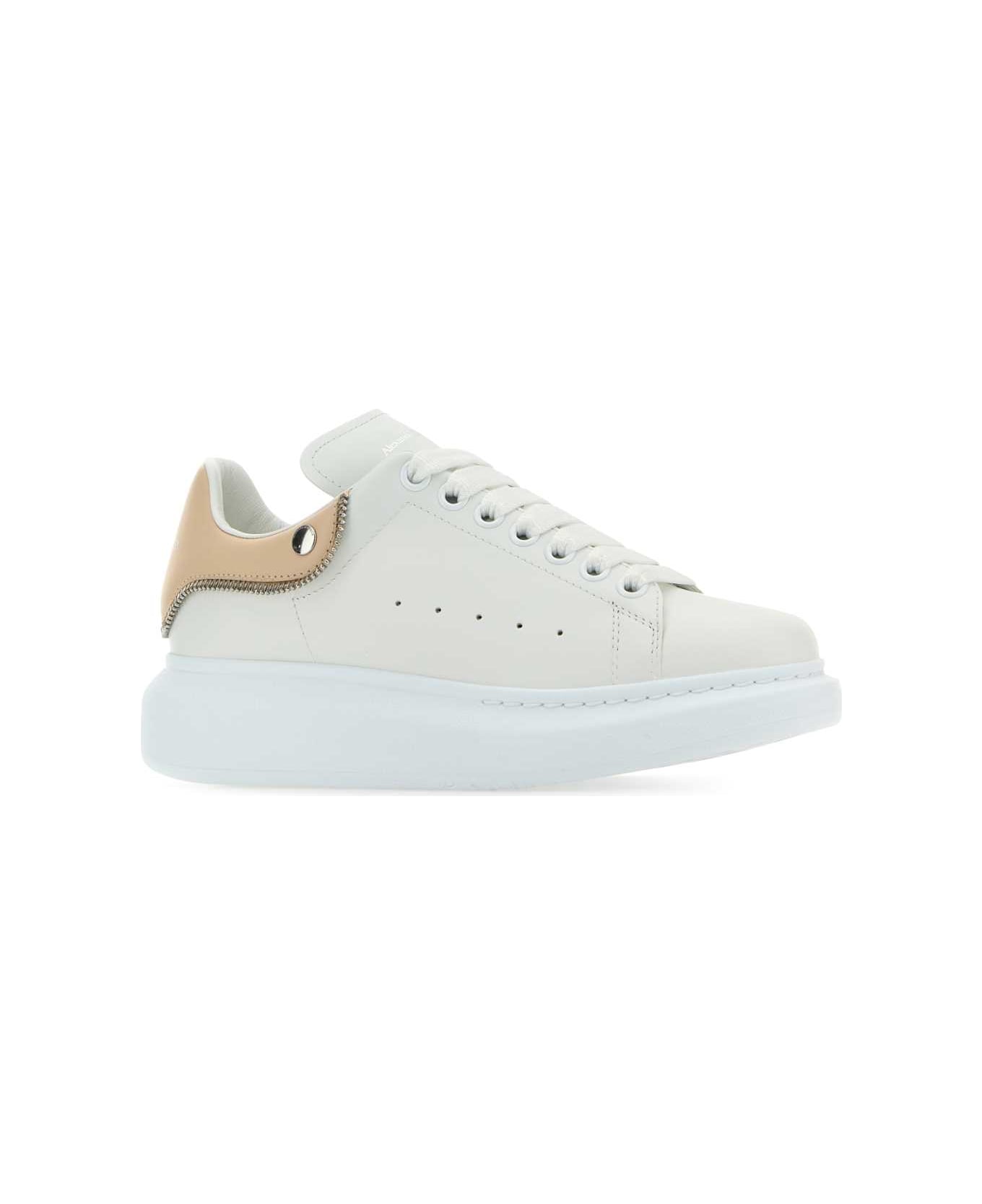 Alexander McQueen White Leather Sneakers With Powder Pink Leather Heel - WHITEOATSILVER