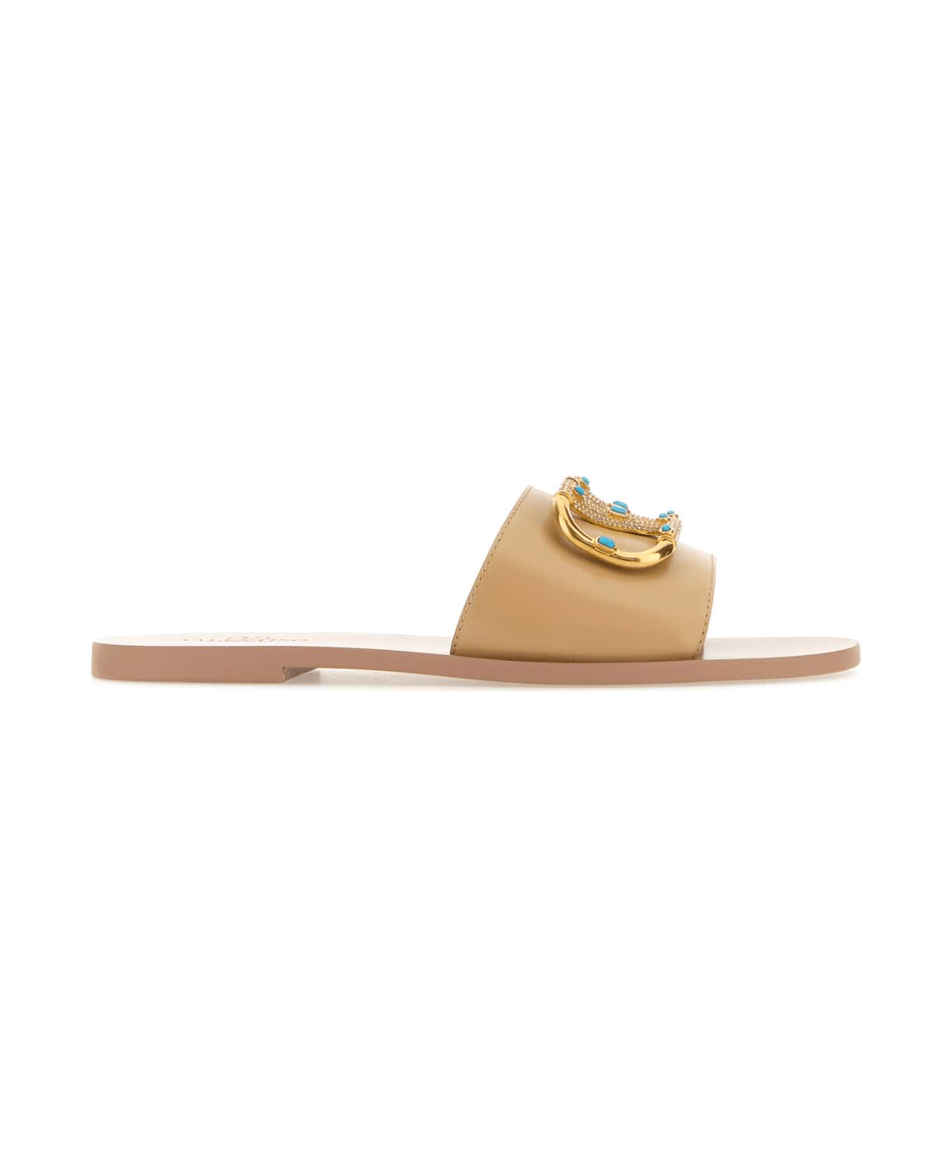 Valentino Garavani Beige Leather Vlogo Slippers - CAPPUCCINO