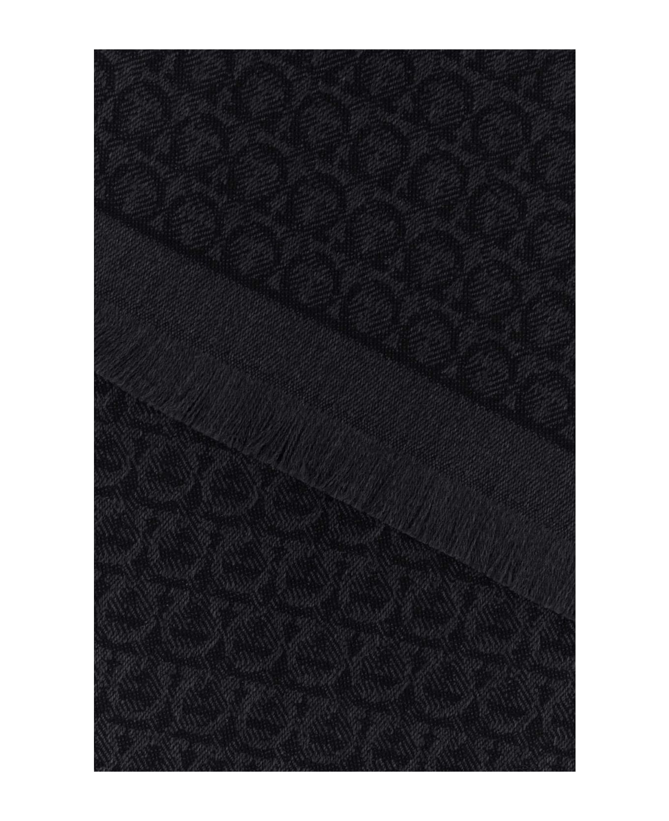 Ferragamo Embroidered Wool Scarf - BLACKCHARCOAL