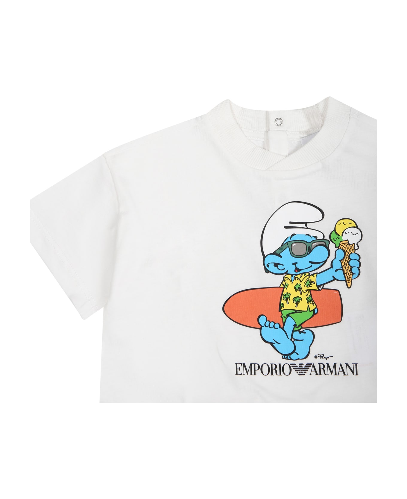 Emporio Armani White T-shirt For Baby Boy With The Smurfs - White