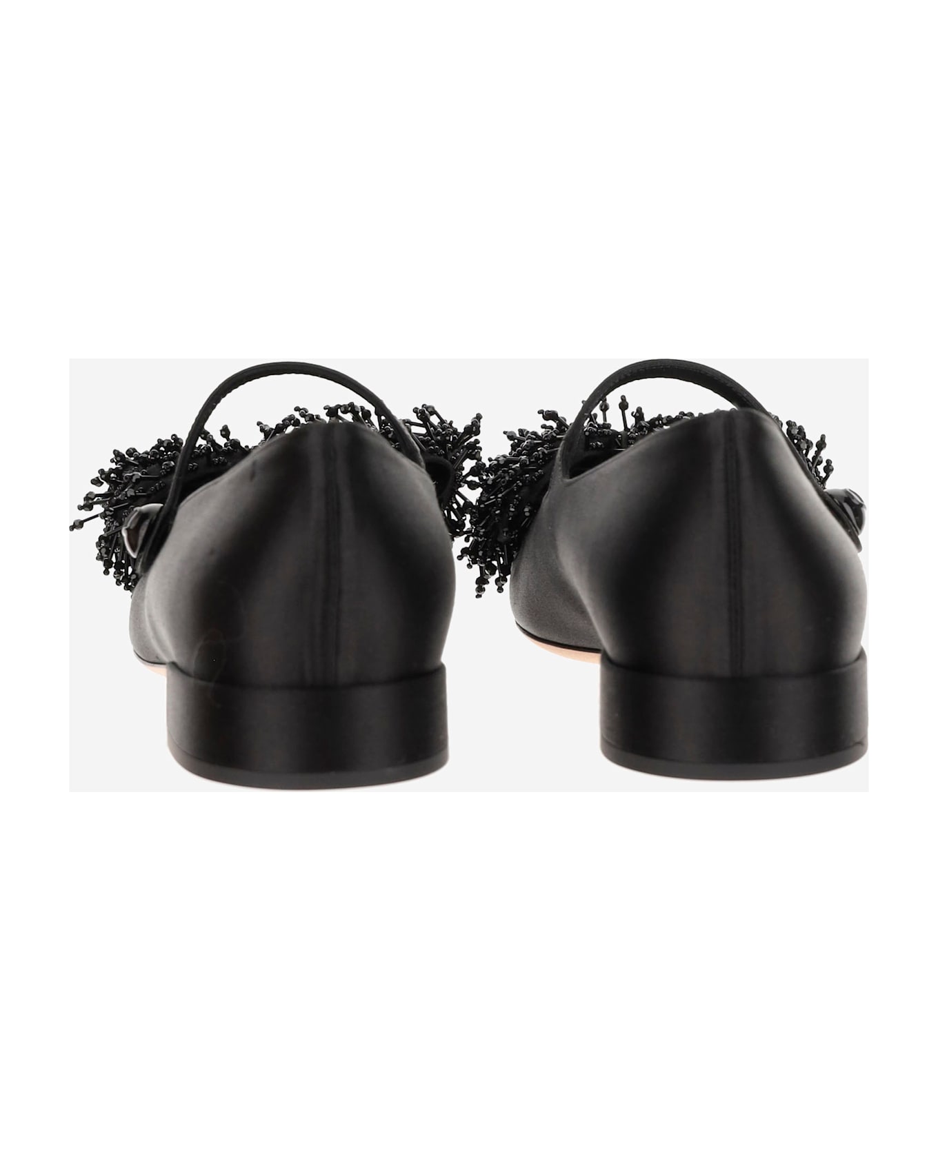 Valentino Garavani Satin Valentino Garavani Bowjane Mary-jane Ballerina With Fringed Embroidery - Black フラットシューズ