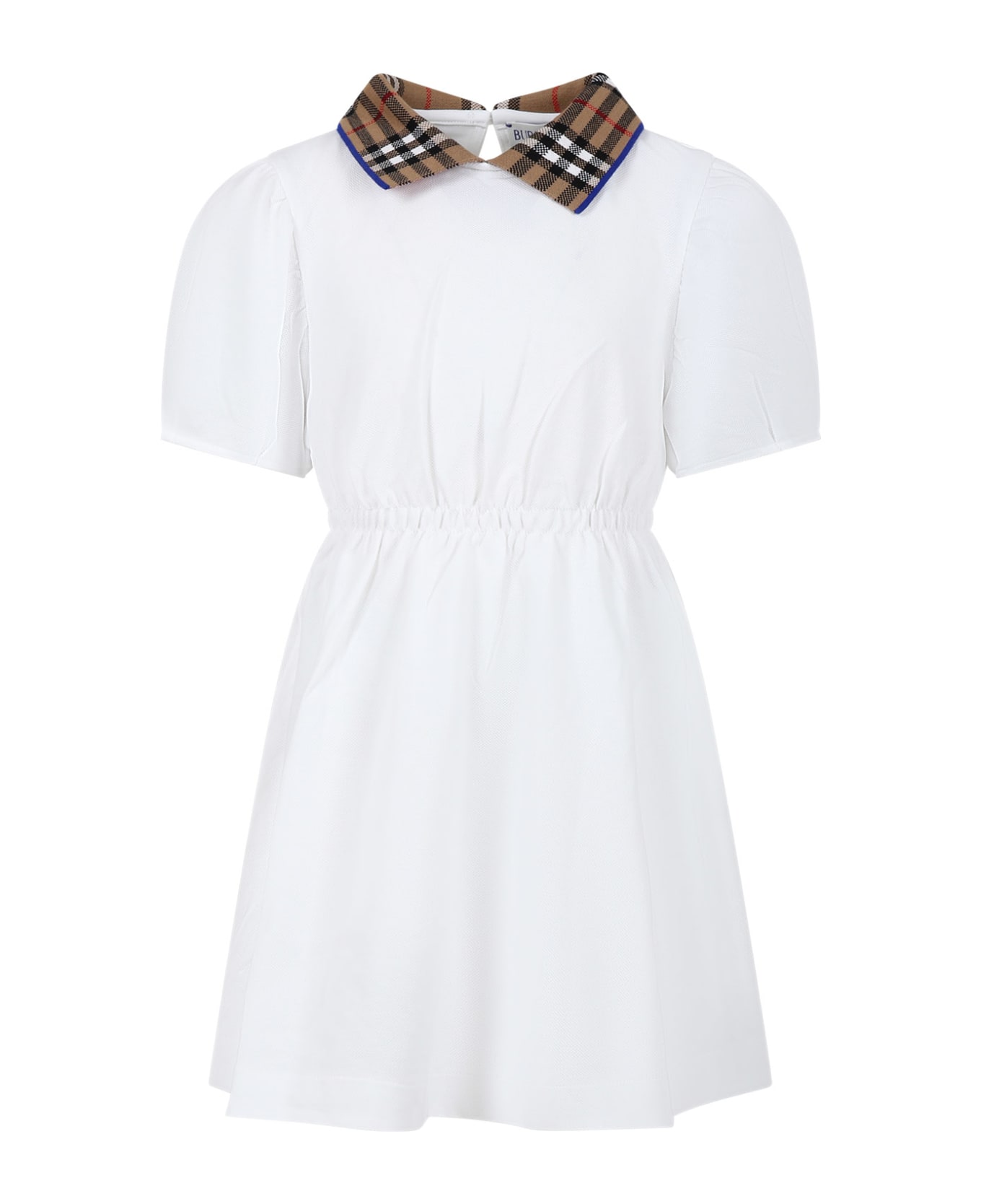 Burberry White Dress For Girl With Vintage Check On The Collar - White