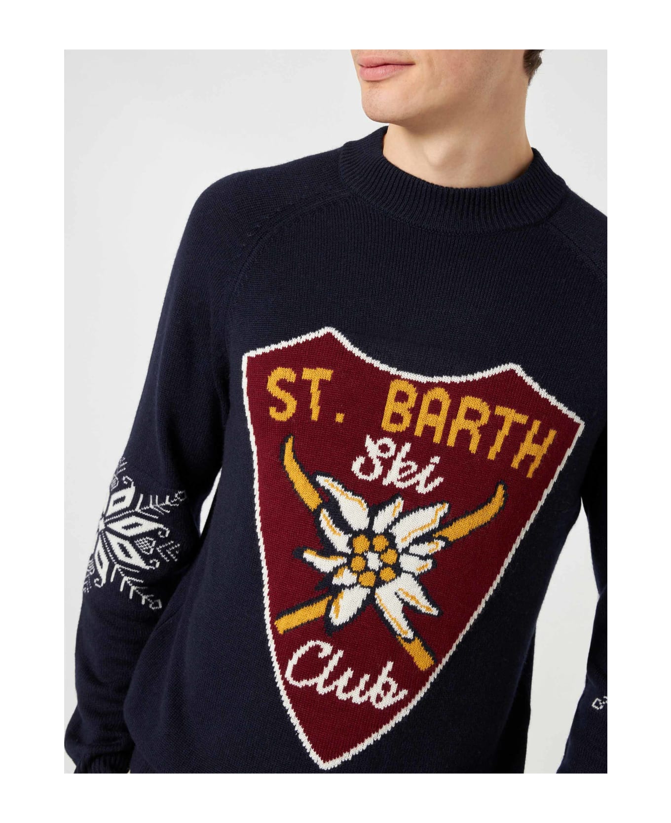MC2 Saint Barth Man Half-turtleneck Navy Blue Sweater With Print - BLUE