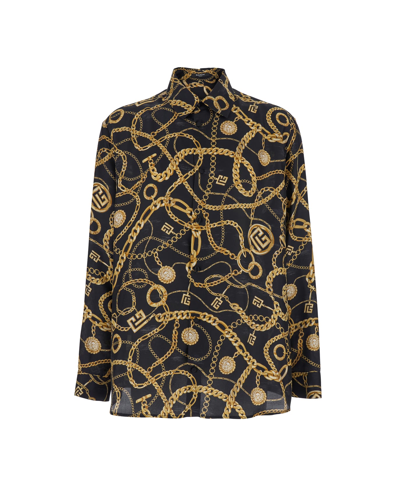 Balmain Black Shirt With Pointed Collar And Chain Print With Logo In Silk Man - Black