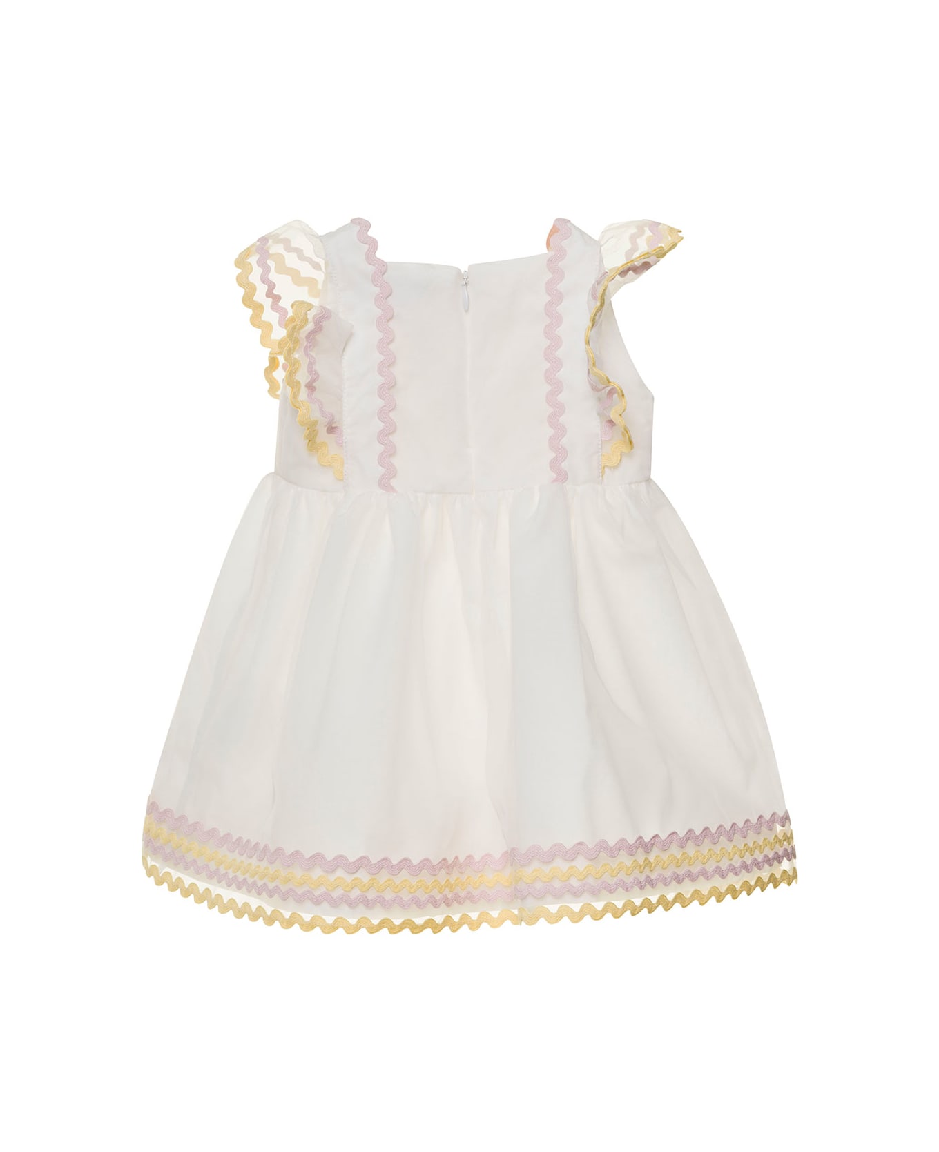 Stella McCartney Kids Ruffled Dress With Zig-zag Detail In White And Yellow Cotton Baby - White