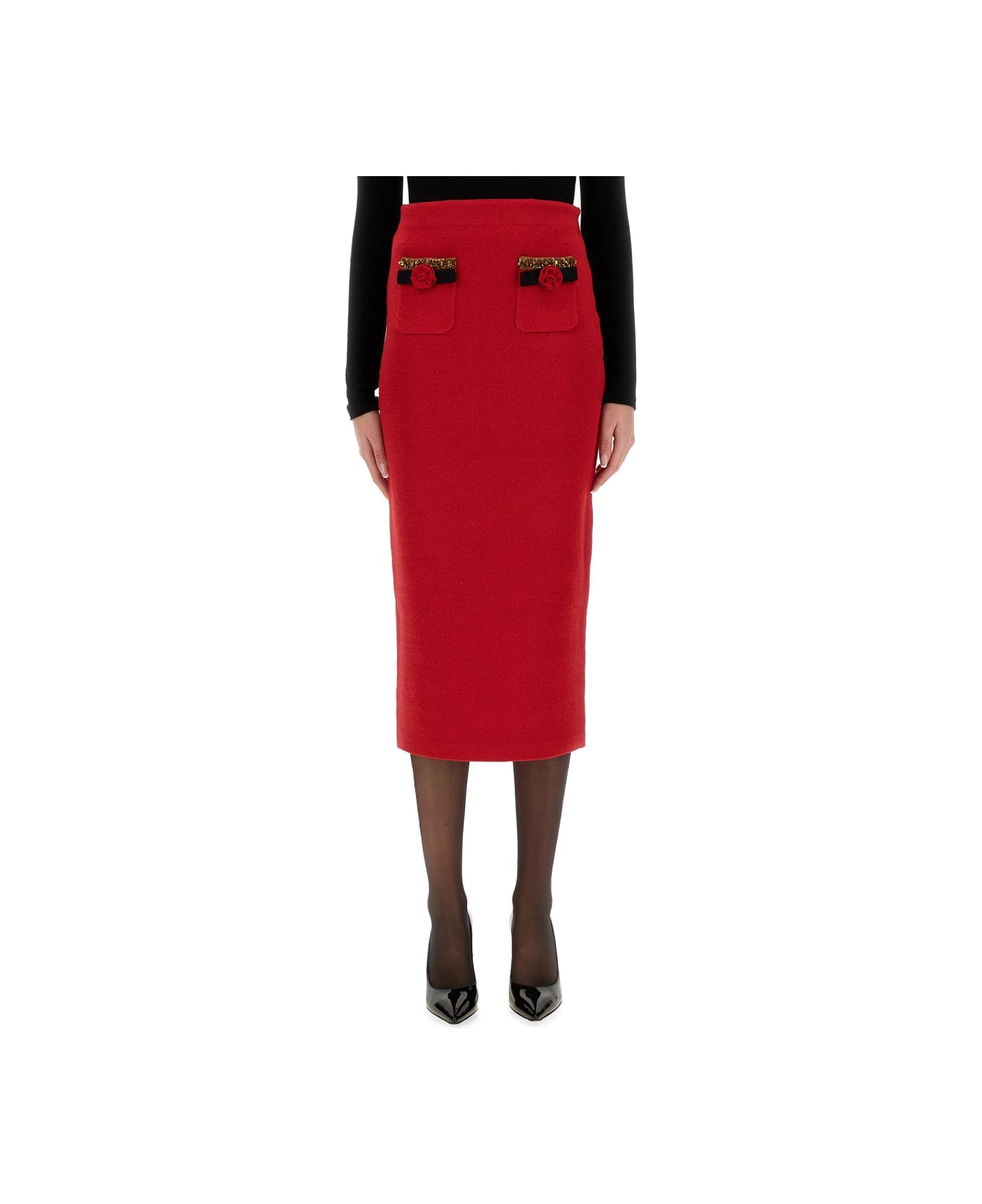 self-portrait Knitted Midi Skirt - RED