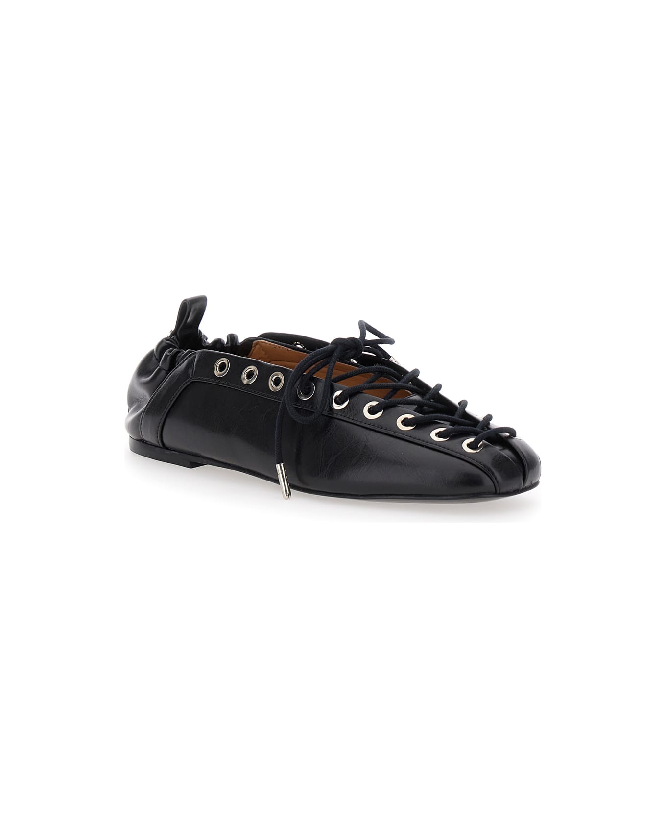 Ganni Black Lace-up Ballerinas With Metal Eyelets And Elasticized Ankle In Eco-leather Woman - Black
