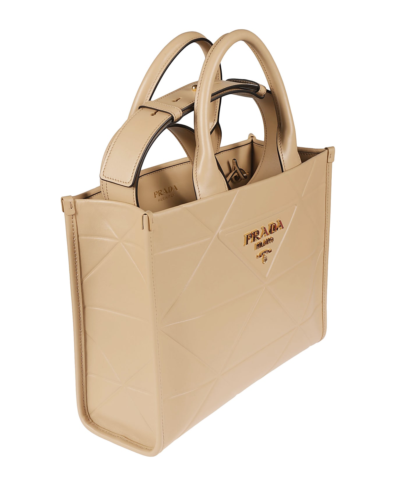 Prada Diamond Quilt Logo Embossed Shoulder Bag - Sabbia