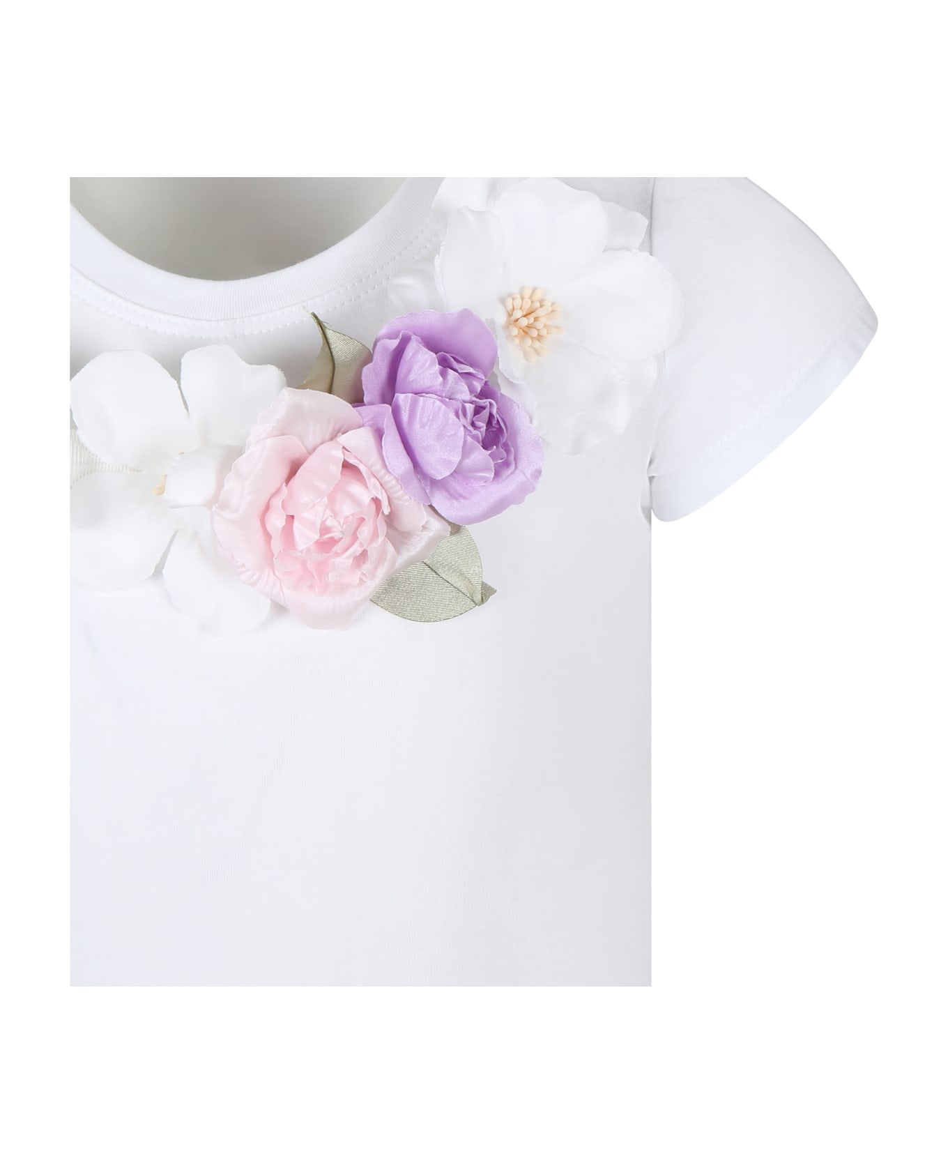 Monnalisa White Crop T-shirt For Girl With Flowers - White Tシャツ＆ポロシャツ