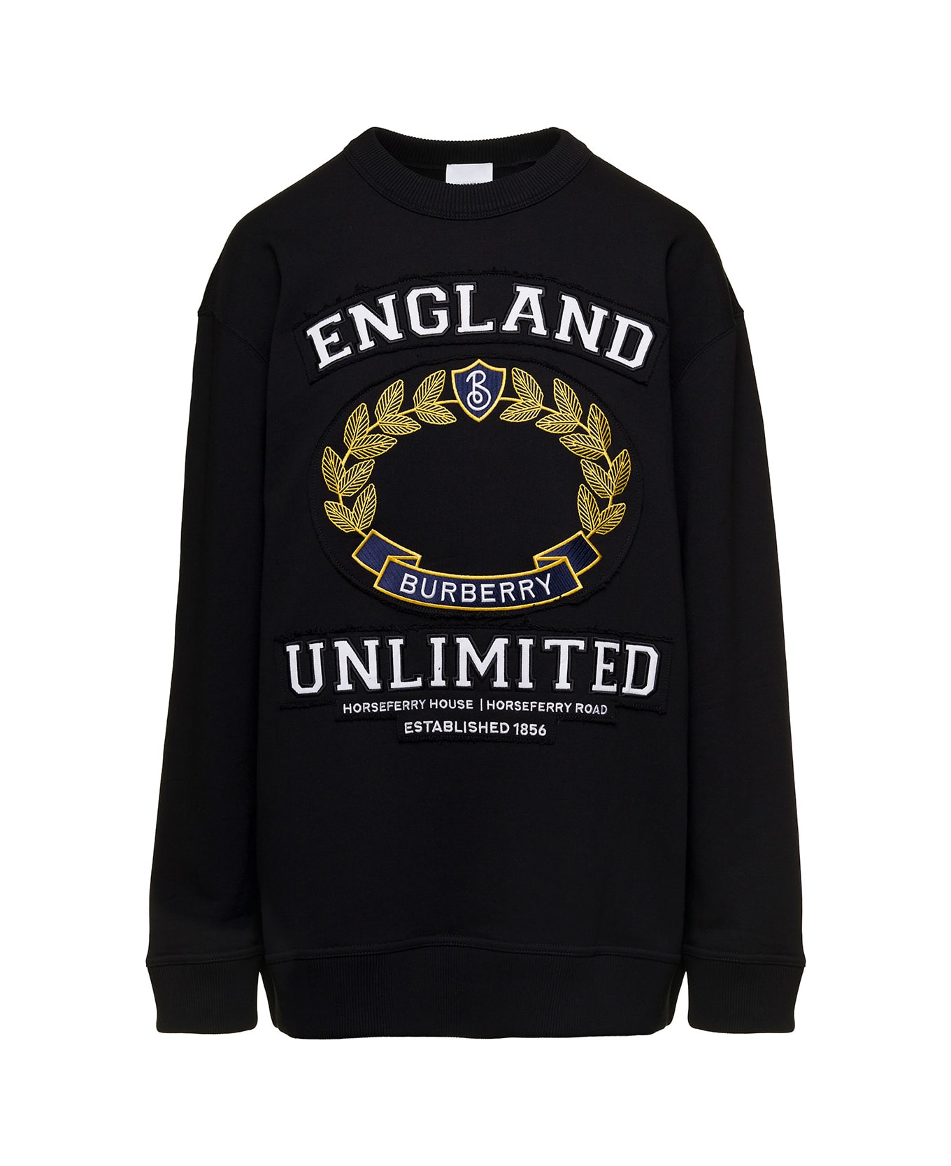 Burberry Black Crewneck Sweatshirt With Logo Print And Embroidered Crest In Cotton Woman - Black