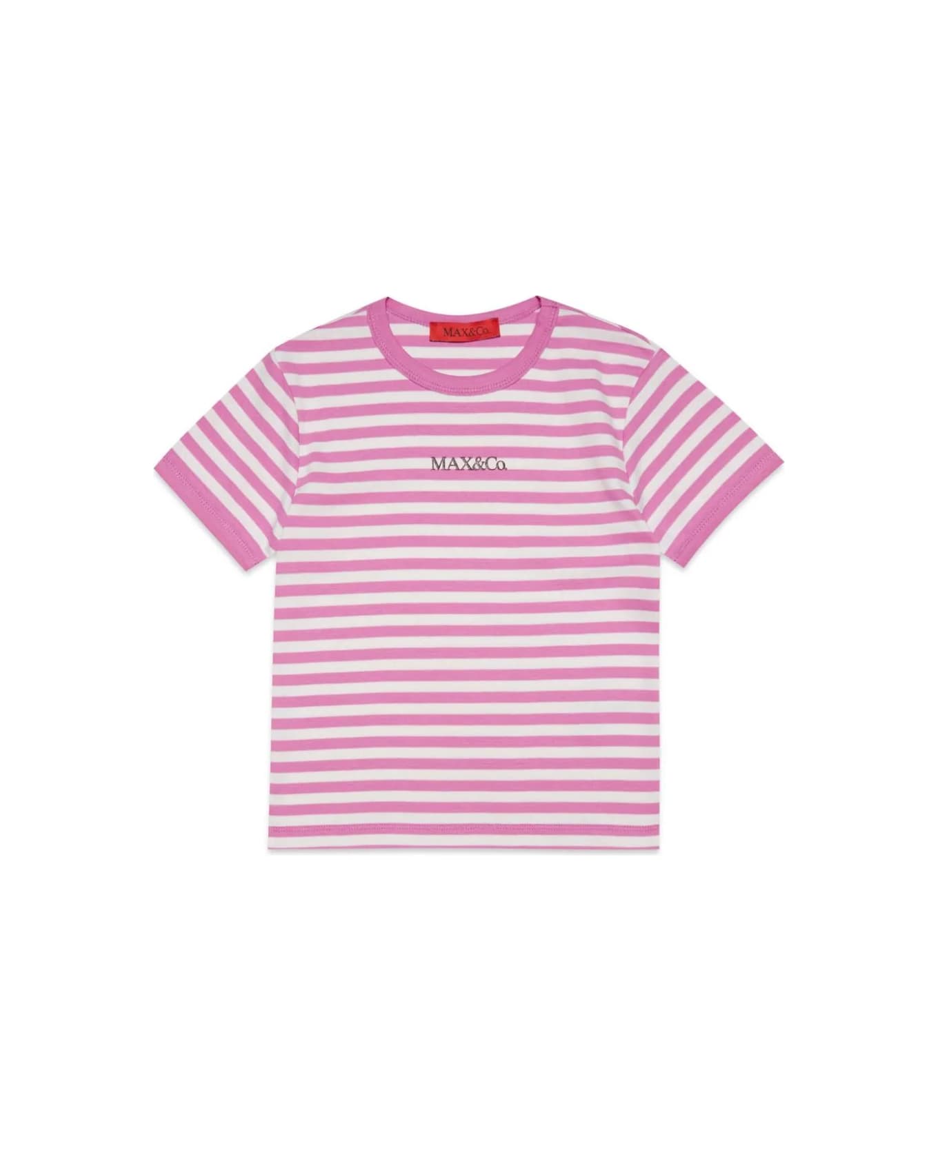 Max&Co. White And Fuchsia Striped T-shirt With Logo - Pink