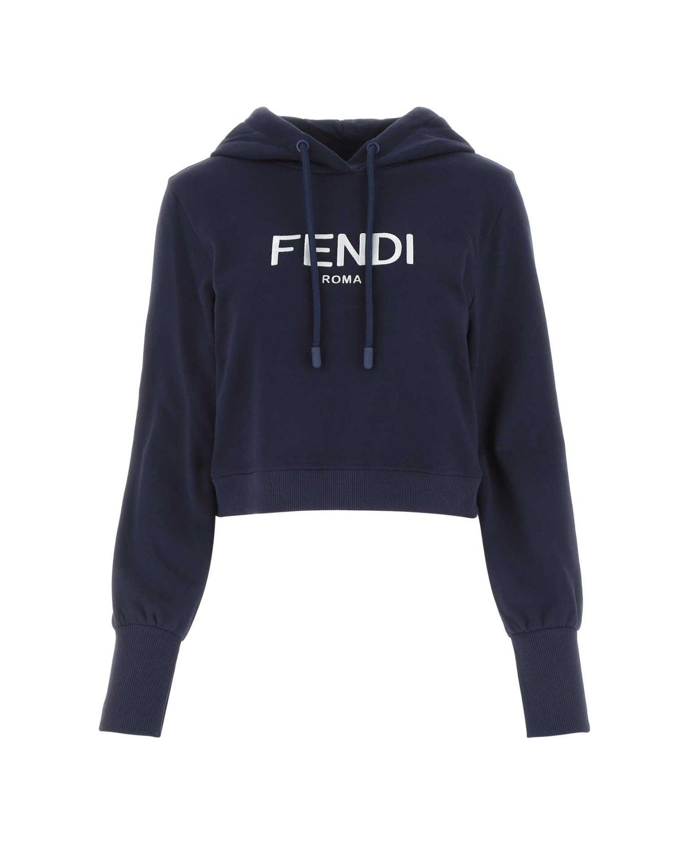 Fendi Logo Embroidered Drawstring Cropped Hoodie - NAVY