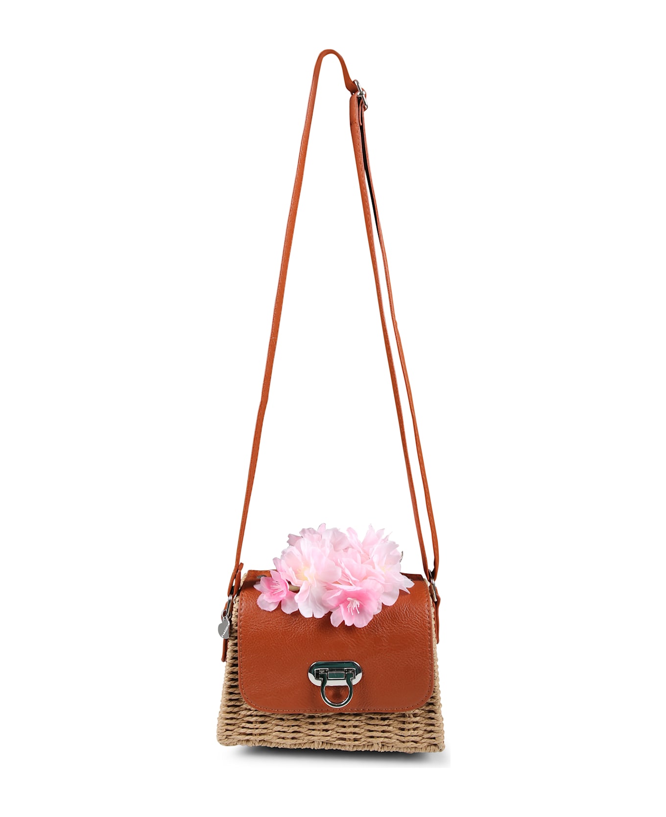 Monnalisa Brown Bag For Girl With Peach Blossoms - Brown