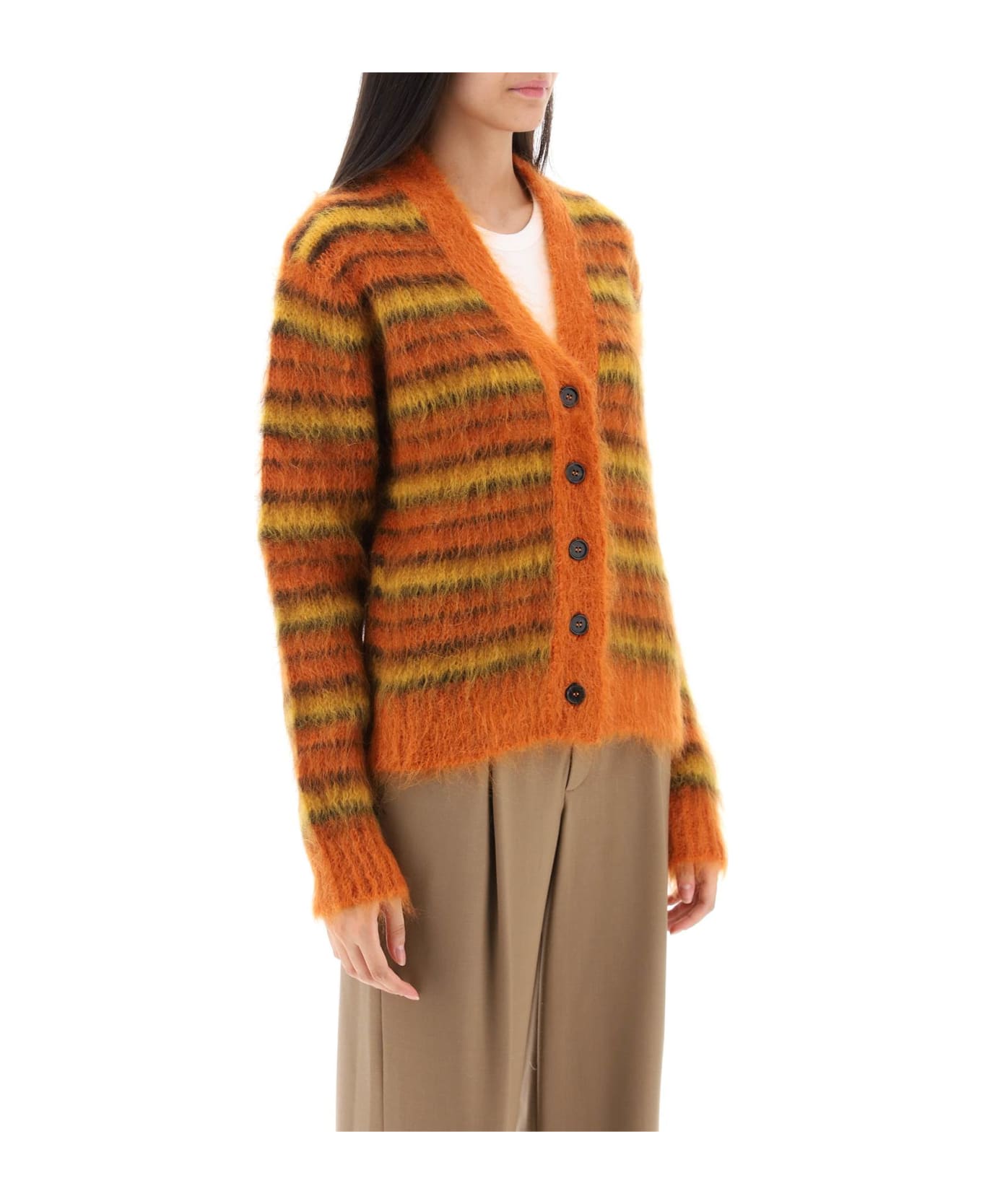 Marni Cardigan In Striped Brushed Mohair - LOBSTER (Orange) カーディガン