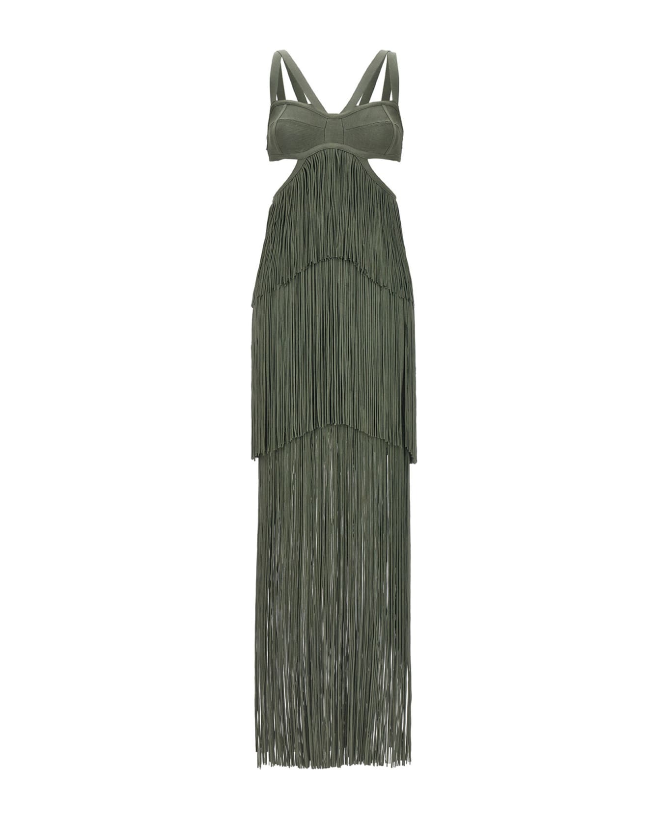 Hervé Léger 'strappy Tiered Fringe' Dress - Green ワンピース＆ドレス
