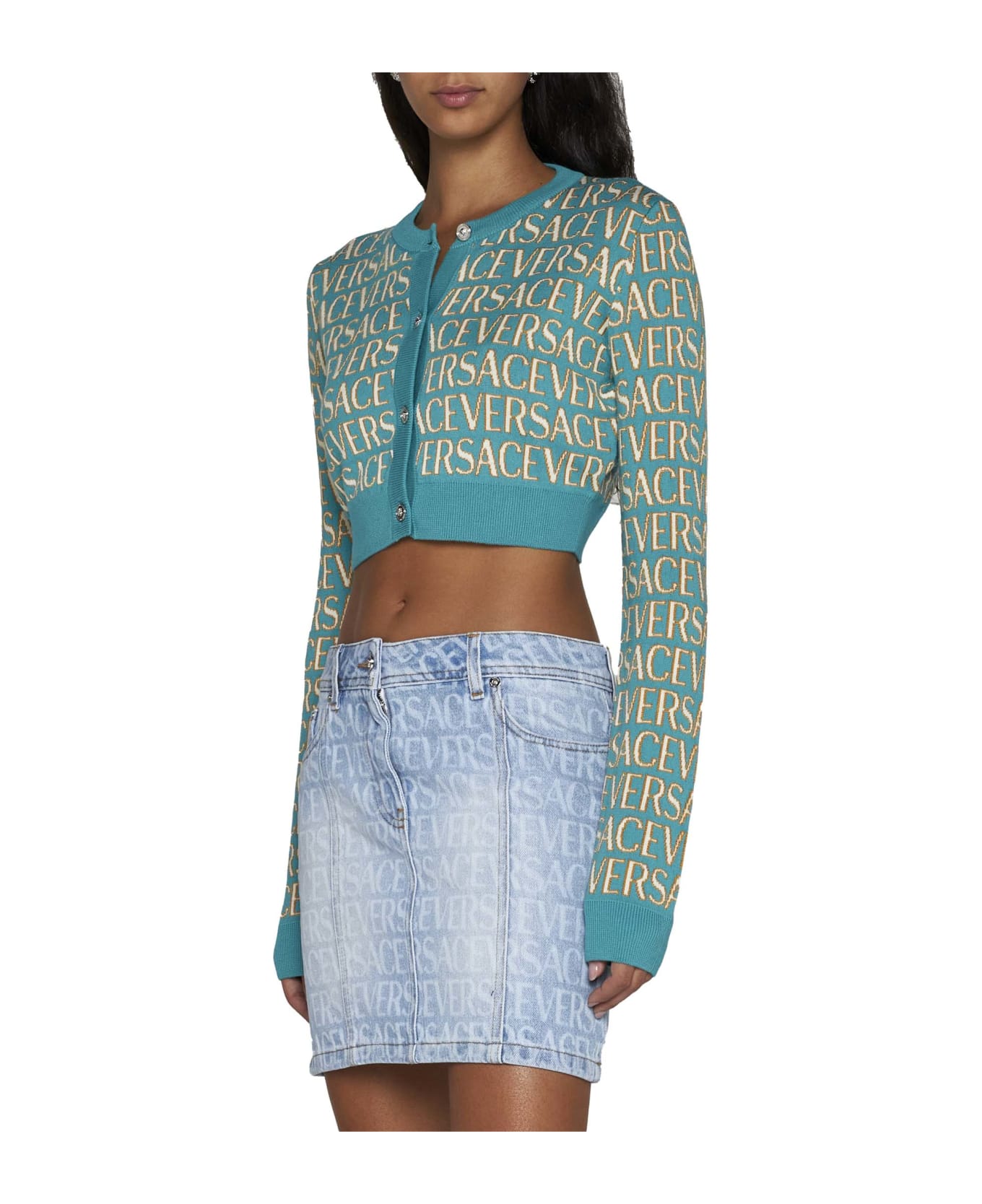 Versace Cropped-length Knitted Cardigan - turquoise カーディガン