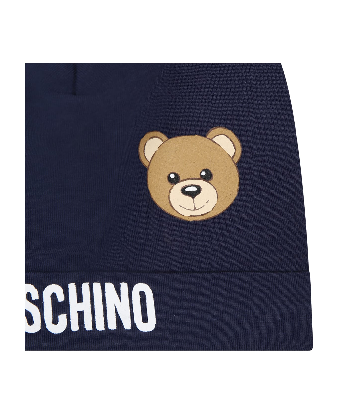 Moschino Blue Babies Hat With Logo And Teddy Bear - Blue