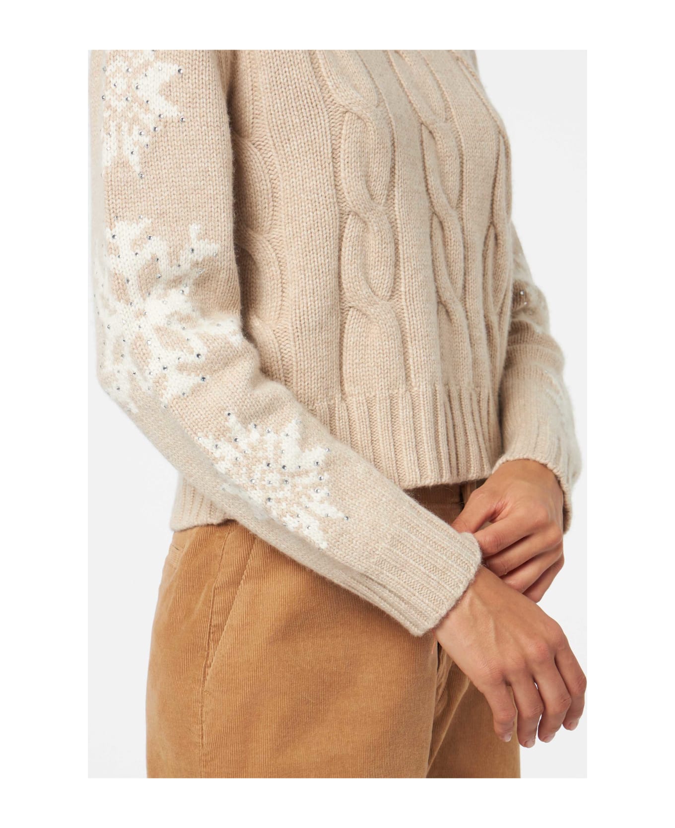 MC2 Saint Barth Woman Turtleneck Braided Sweater With Snowflake Rhinestones - BROWN