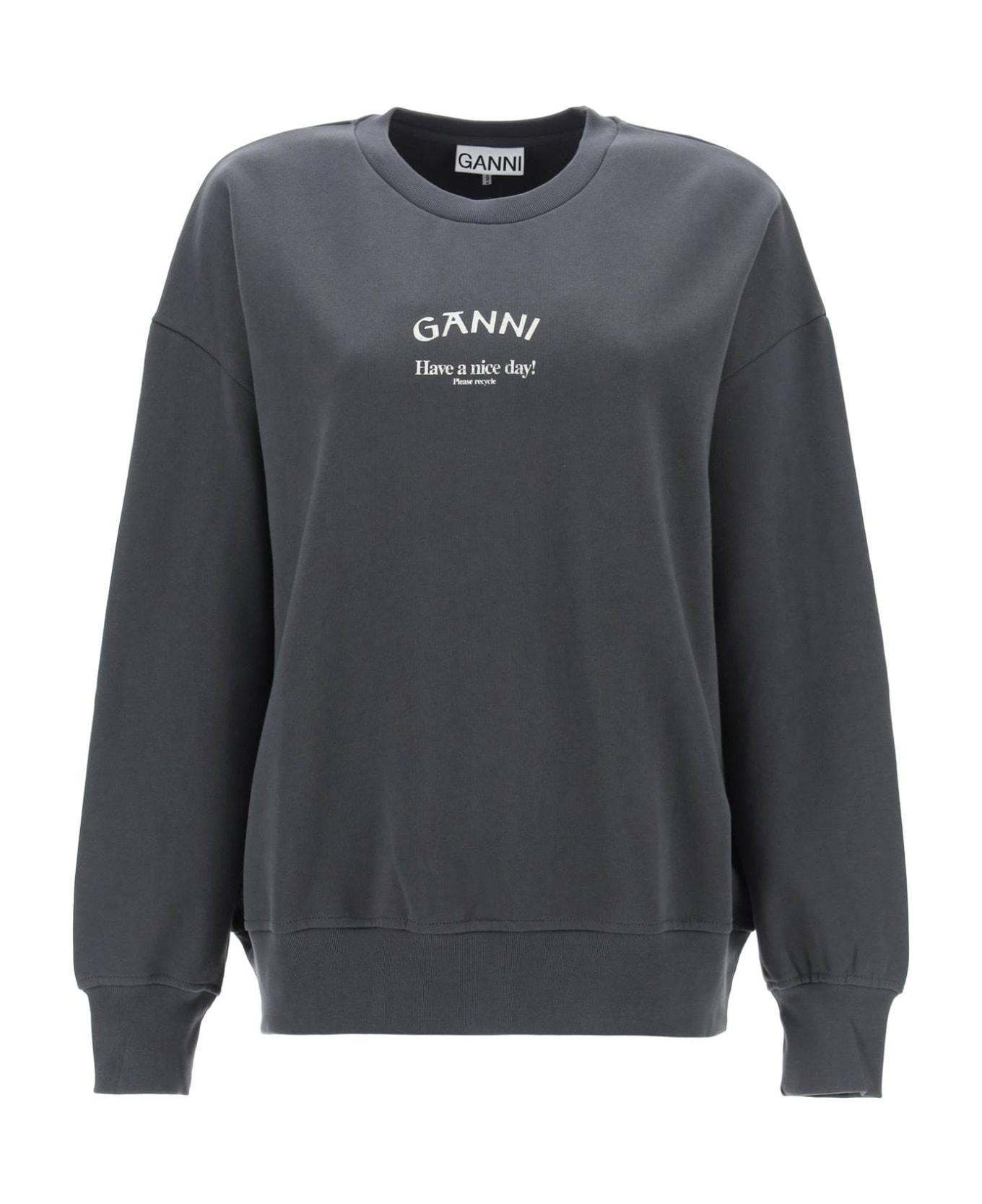 Ganni Oversized Sweatshirt With Logo Print - VOLCANIC ASH (Grey)