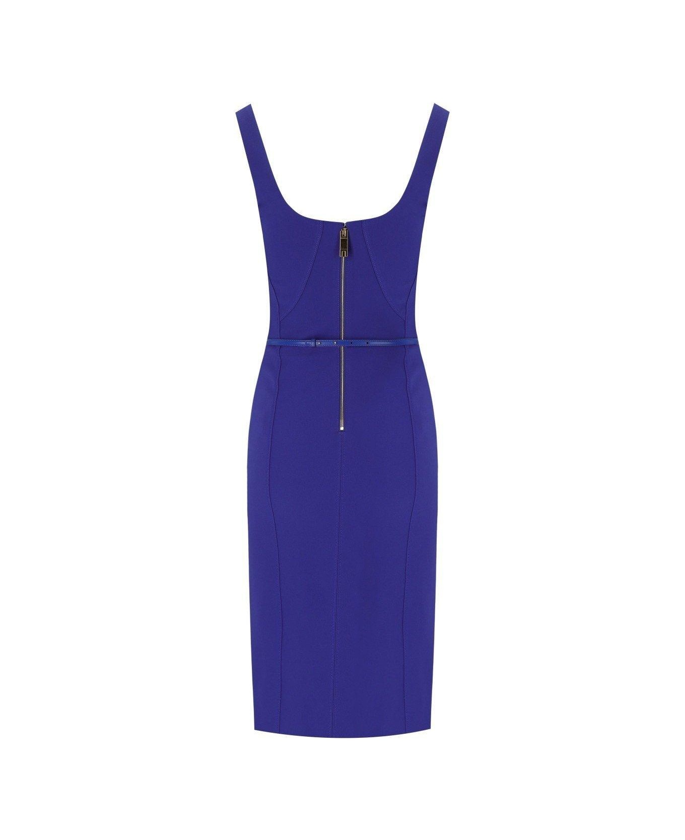 Elisabetta Franchi Square Neck Sheath Crepe Midi Dress - Indigo