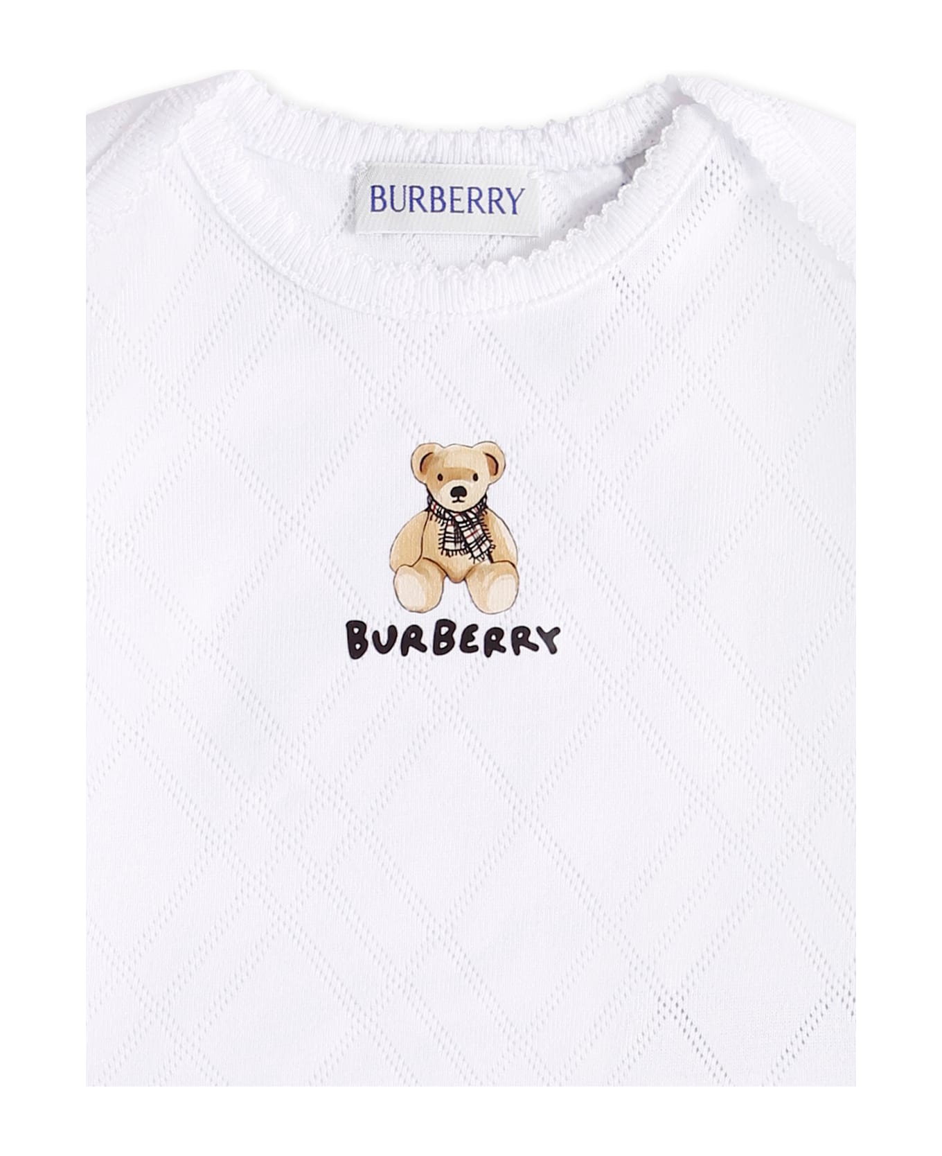 Burberry White Bodysuit For Babykids With Teddy Bear - White