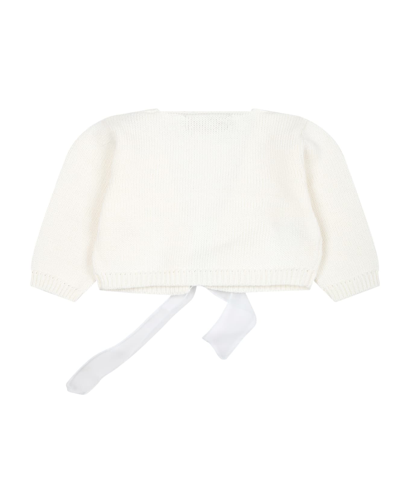 La stupenderia White Cardigan For Baby Girl With Light Blue Bow - White