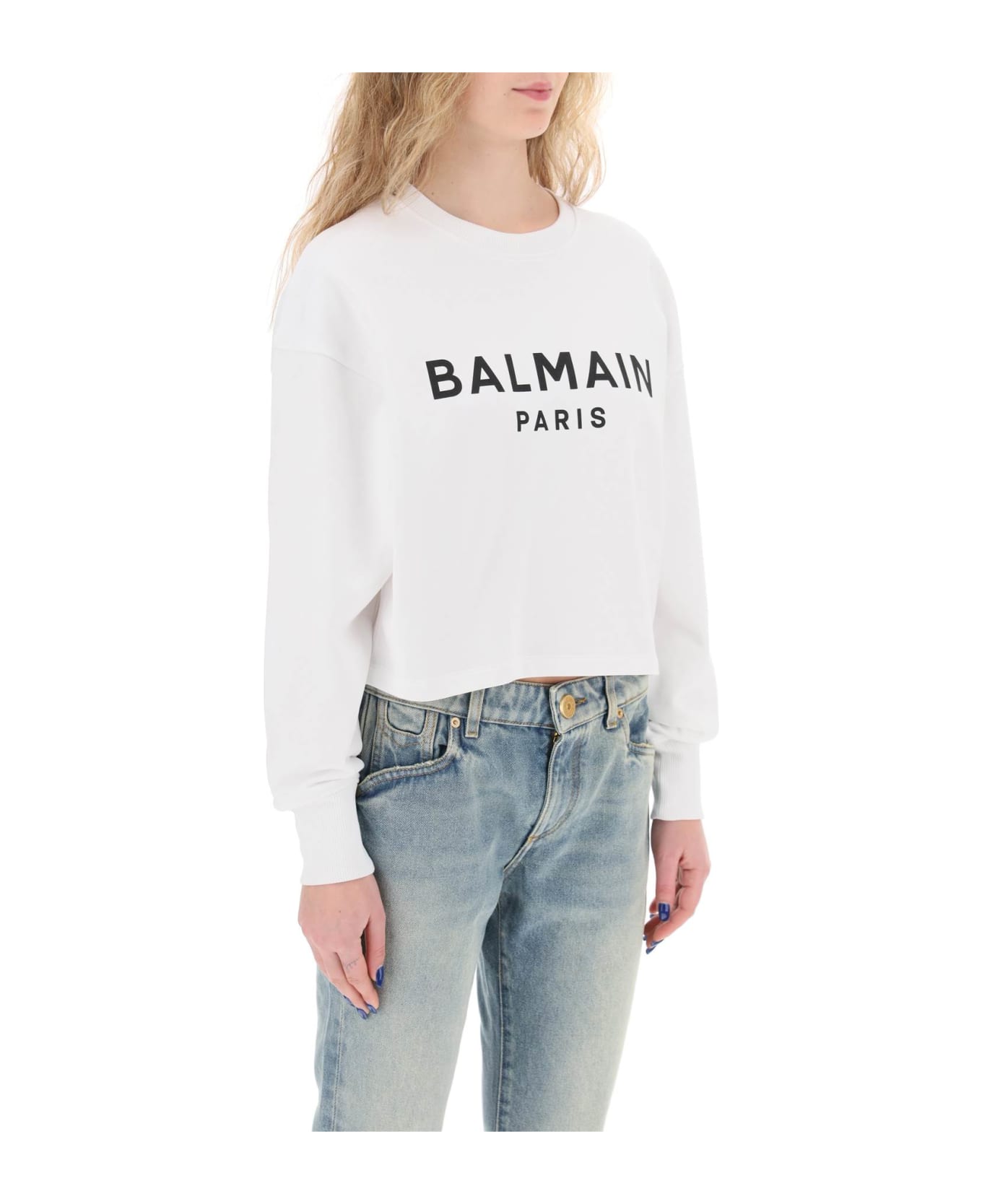 Balmain Cropped Sweatshirt With Flocked Logo - BLANC NOIR (White)